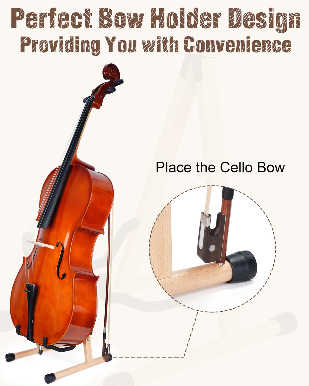 Cello Stand with Bow Holder, Mahogany Wooden A-Shape Floor Stand with Padded Foam, Handcrafted Cello Rack Fits 1/2, 3/4, 7/8, 4/4 Full-Size and Guitar, Instrument Holder for Home and Studio Display