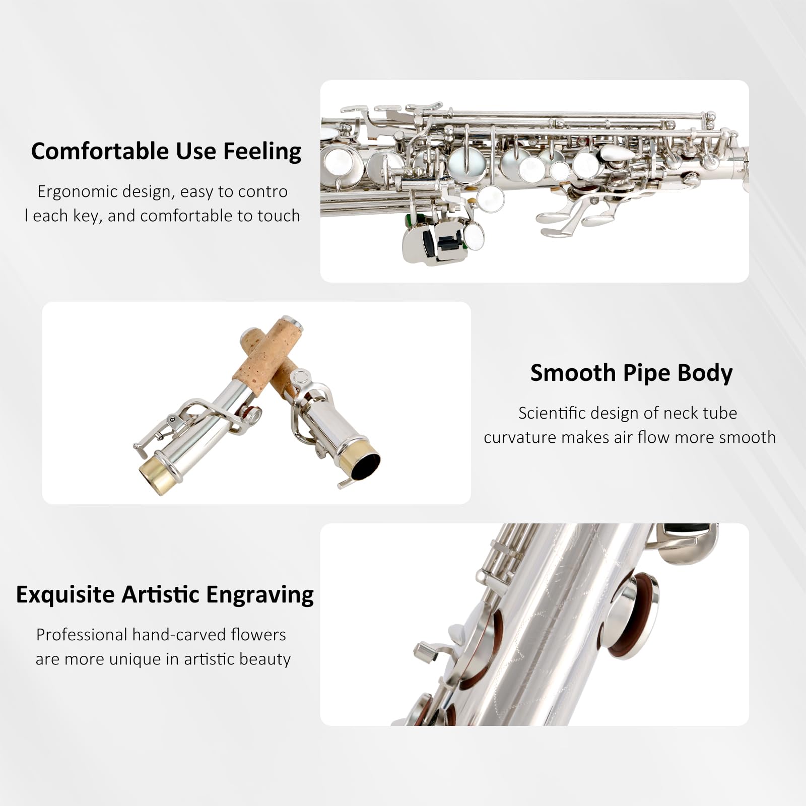 EASTROCK Soprano Saxophone Curved Bb Flat Black Sax Instruments for Beginners Intermediate Players with Carrying Case,Mouthpiece,Pads,Reed,Cleaning kit,neck Strap,White Gloves