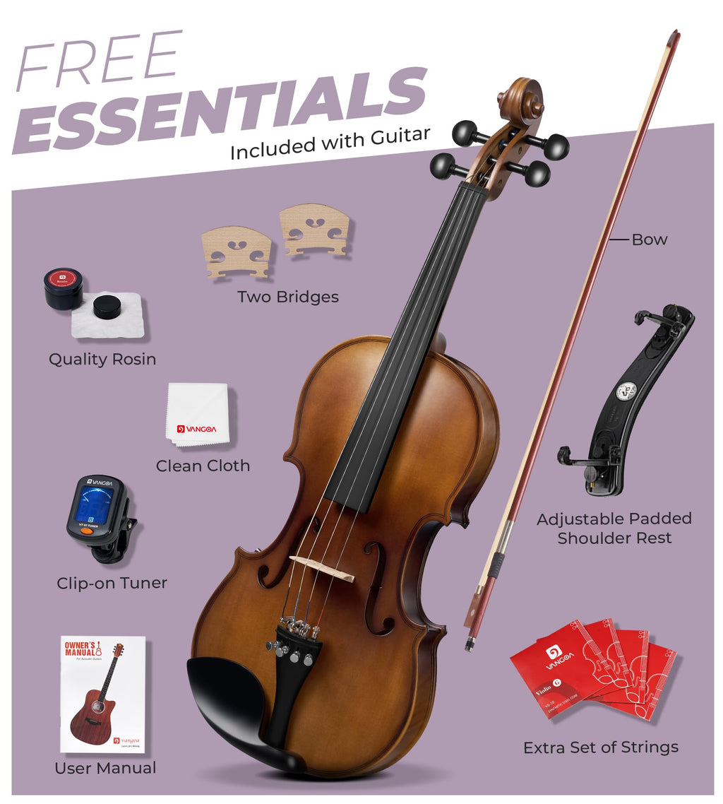 Vangoa Violin 4/4 Full Size Set, Varnish Fiddle Solid Wood for Professional Adults Senior Intermediate Beginners Student Starter Acoustic Violins Kit Outfit with Ebony Fitted, Hard Case, Right Handed