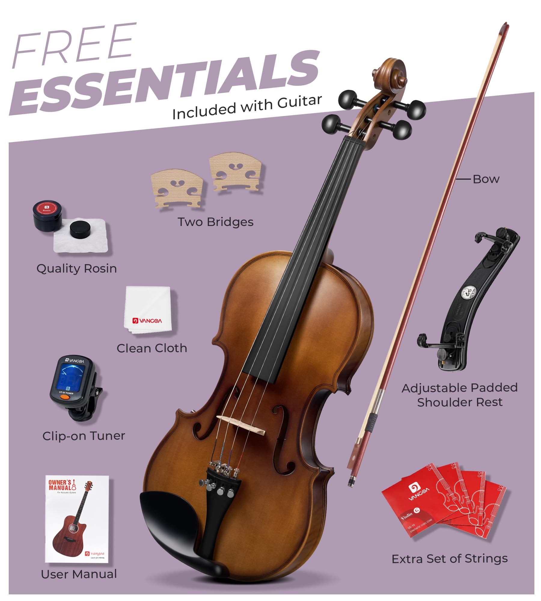 Vangoa Violin 4/4 Full Size Set, Varnish Fiddle Solid Wood for Professional Adults Senior Intermediate Beginners Student Starter Acoustic Violins Kit Outfit with Ebony Fitted, Hard Case, Right Handed