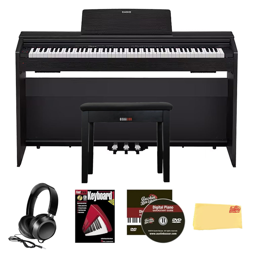 Casio PX-870 Privia Digital Piano - Black Bundle with Furniture Bench, Headphones, Instructional Book, Online Lessons, Instructional DVD, and Austin Bazaar Polishing Cloth