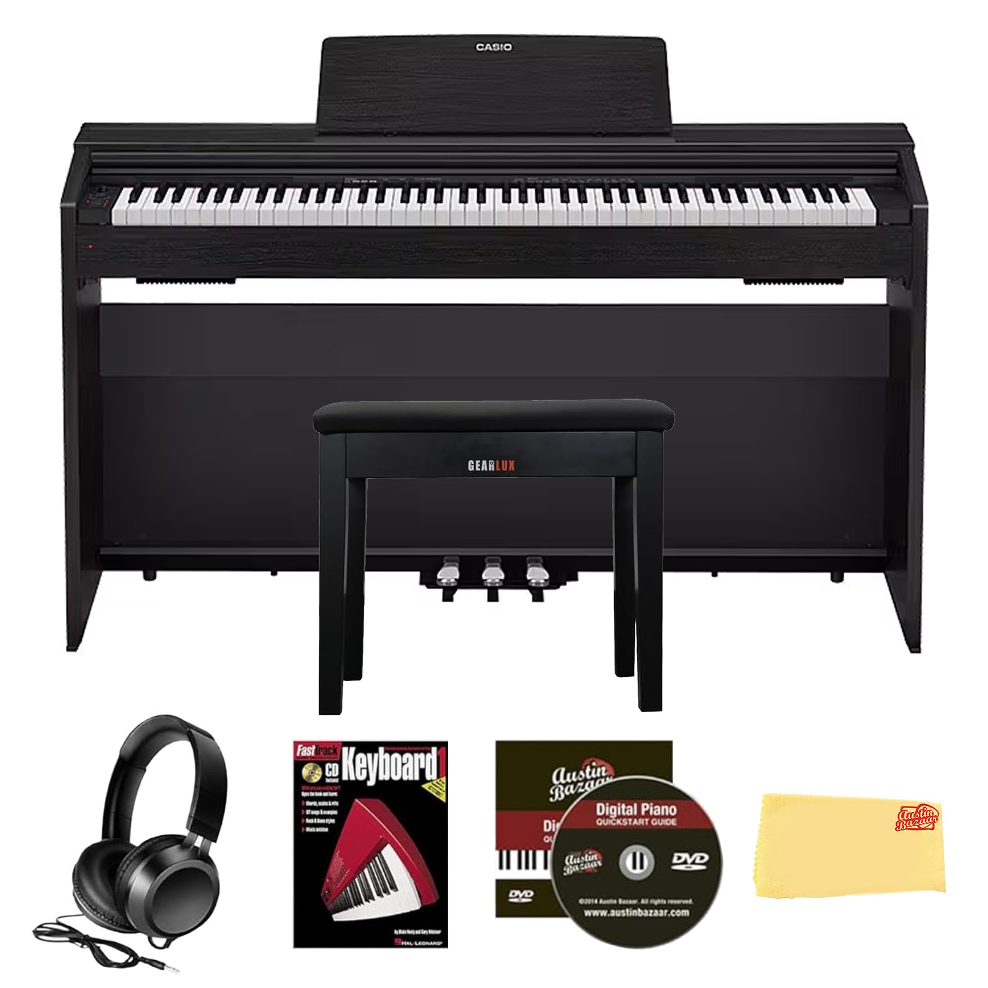 Casio PX-870 Privia Digital Piano - Black Bundle with Furniture Bench, Headphones, Instructional Book, Online Lessons, Instructional DVD, and Austin Bazaar Polishing Cloth