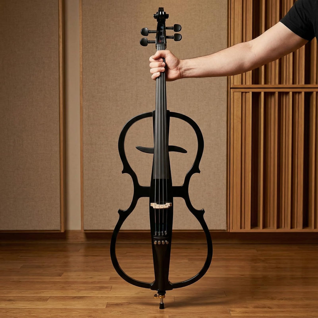 Electric Cello 4/4 Full Size Ebony Fittings with Lightweight Cello Bag, Headphones, Bow, Bridge, Rosin, Cello for Beginners Adults