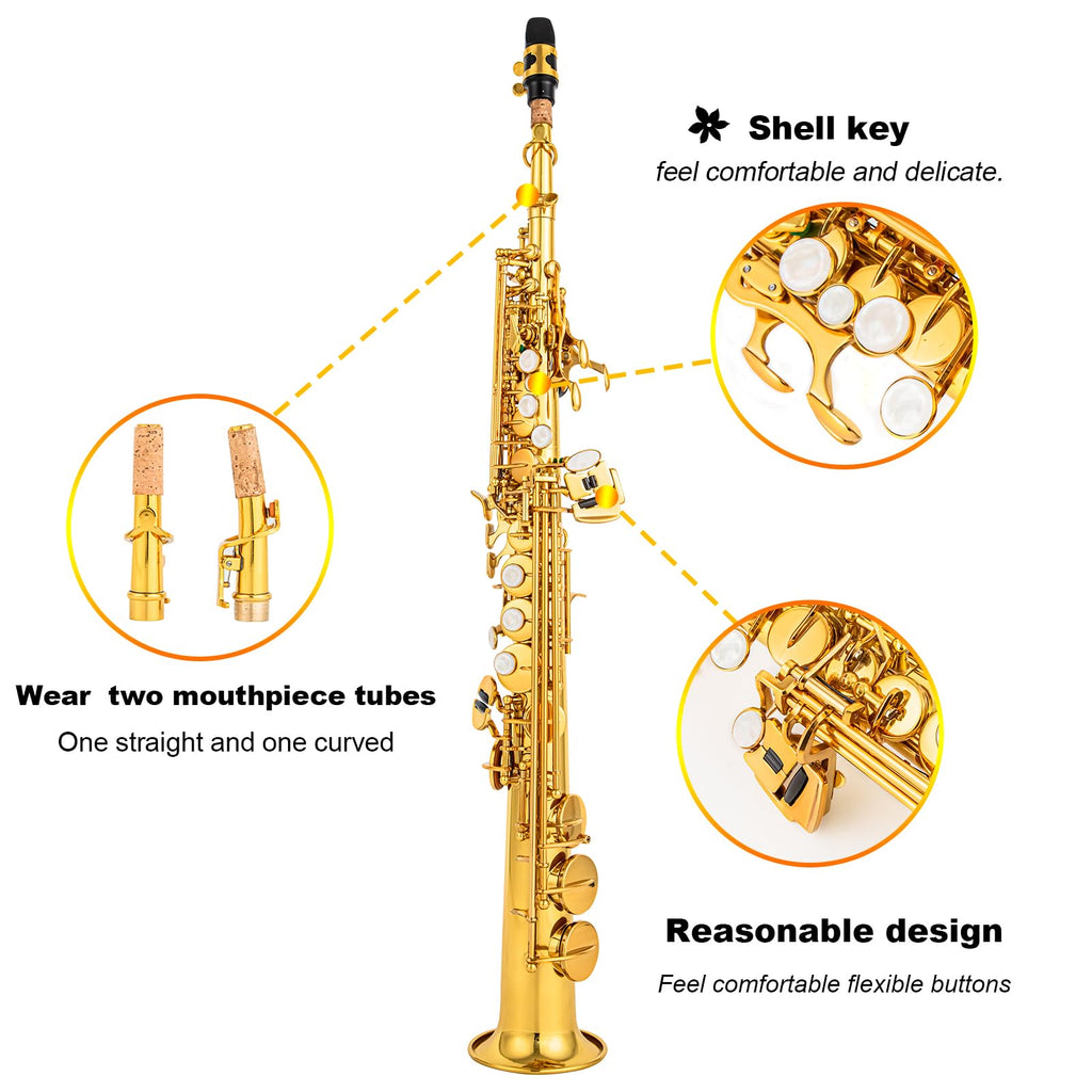 Bb Soprano Saxophone Straight Gold Laquer Sax Instruments for Beginners Students Intermediate Players with Carrying Case,White Gloves.Cleaning kit.neck Strap.Mouthpiece (Gold body nickel bond)