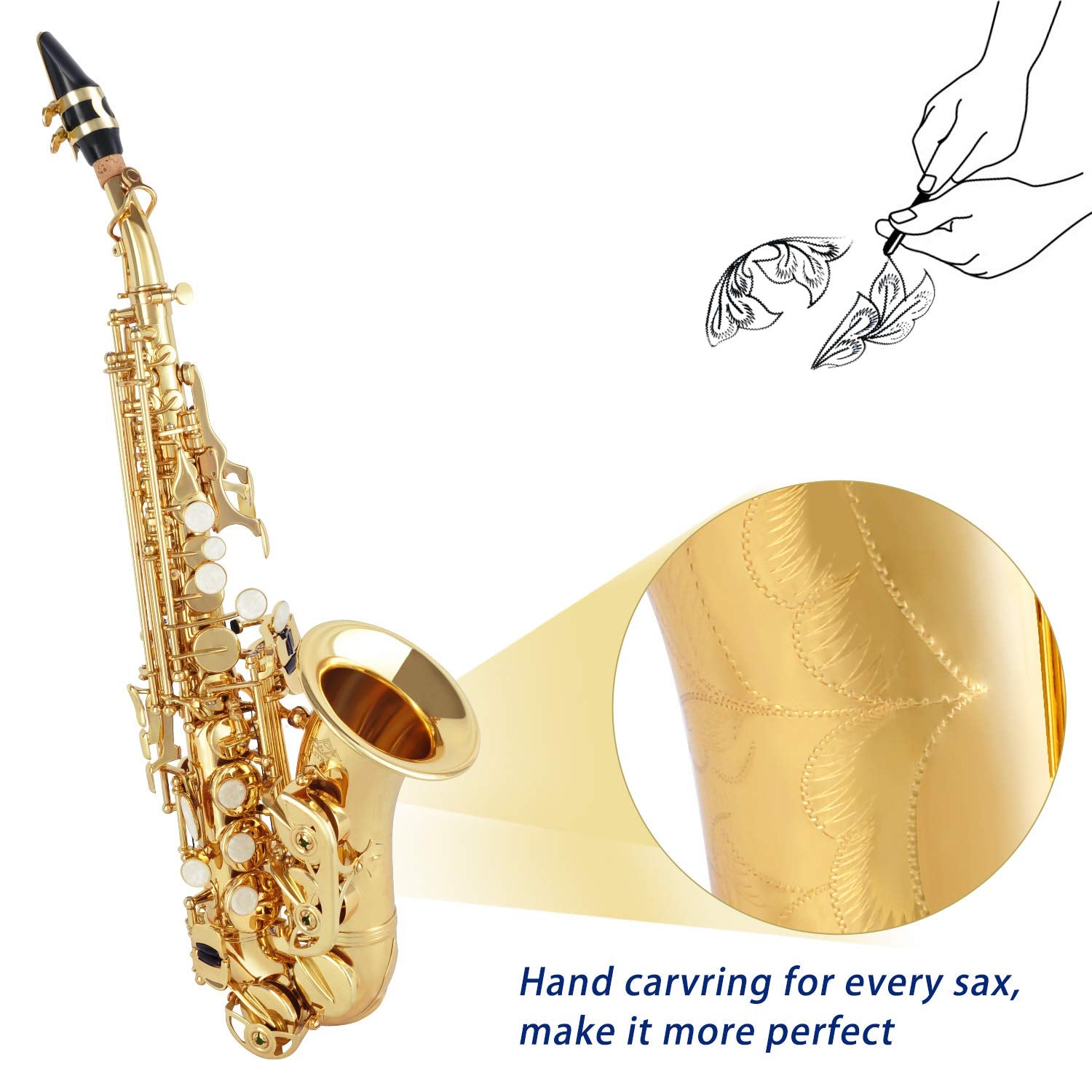EASTROCK Soprano Saxophone Curved Bb Flat Black Sax Instruments for Beginners Intermediate Players with Carrying Case,Mouthpiece,Pads,Reed,Cleaning kit,neck Strap,White Gloves