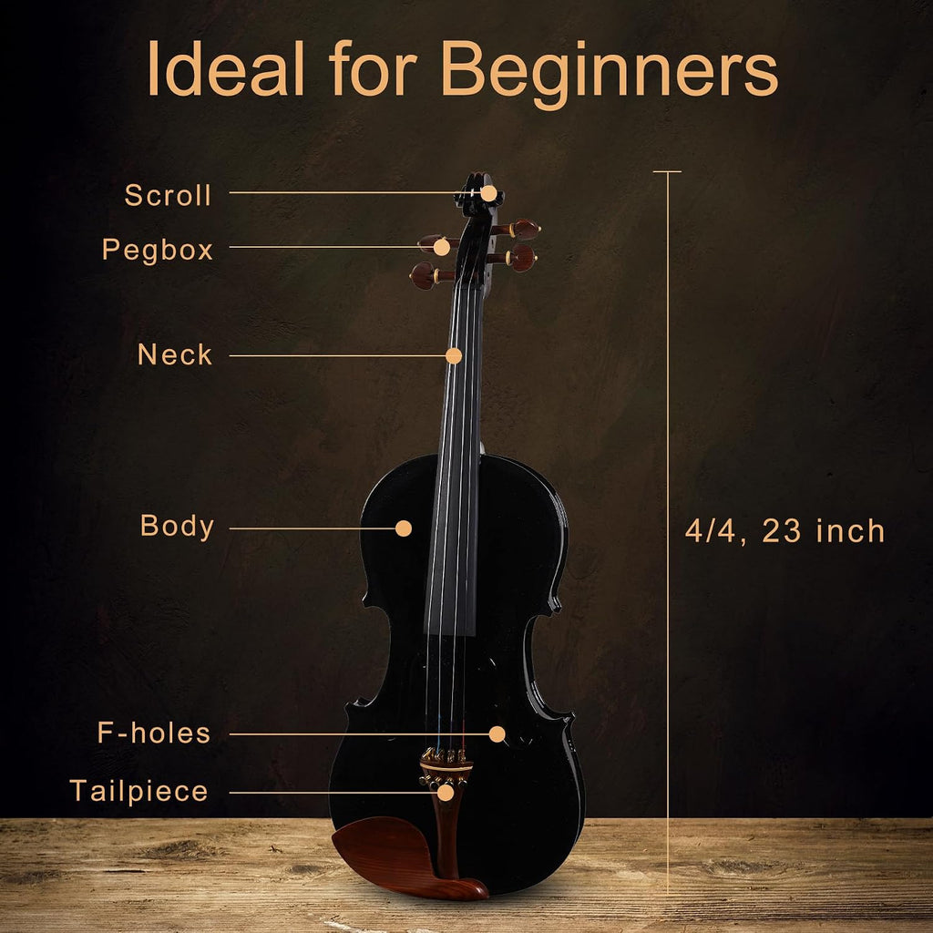 Black Violin 4/4 Full Size Complete Set for Adults Teenagers Students,Solid Maple Wood Violins with Rosewood Fittings,Case,Spare strings,Bow,Rosin,Shoulder Rest,Professional Violin for 11+years Gift