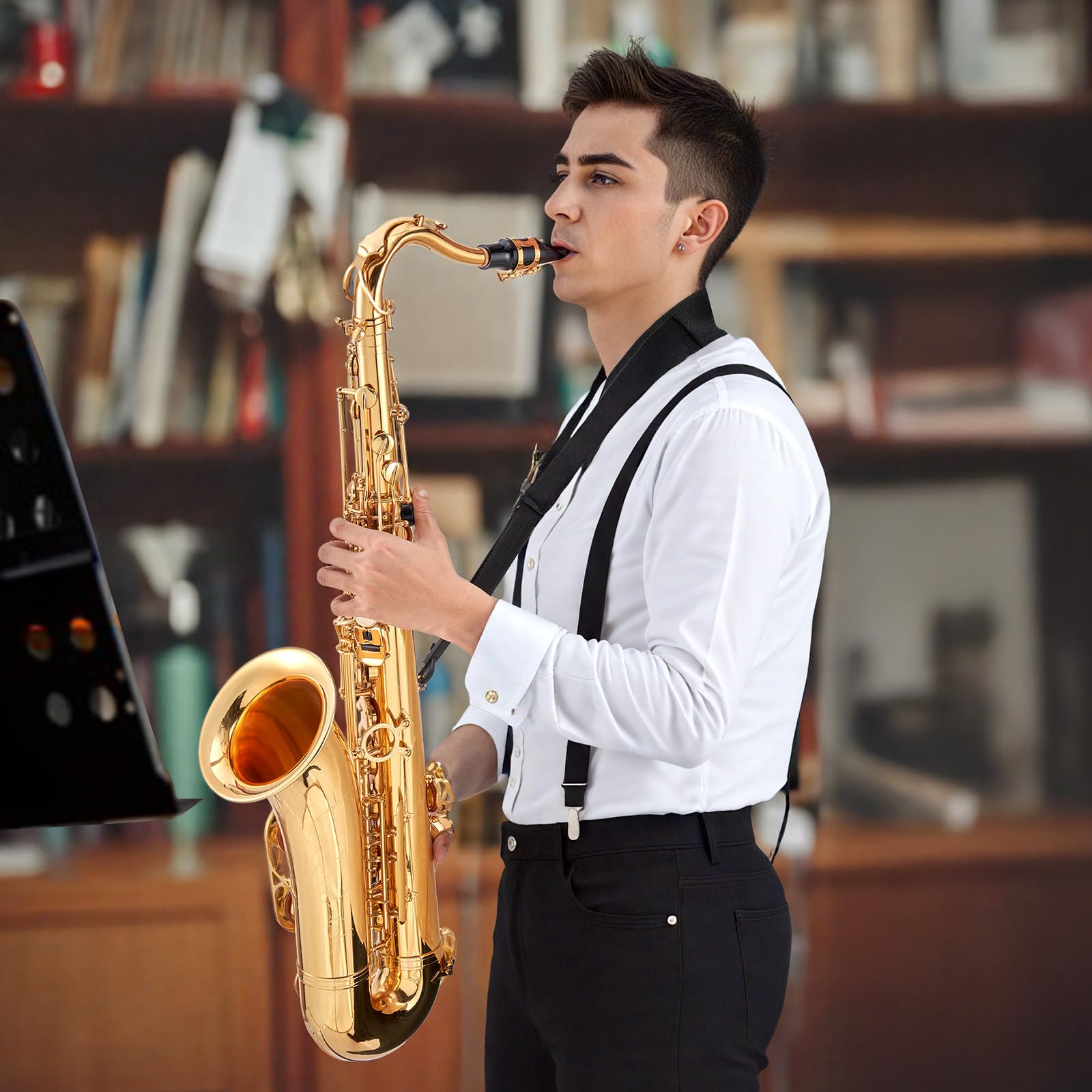 VEVOR Tenor Saxophone, B Flat, Professional Brass Saxophone Beginner Kit with Carrying Case, Mouthpiece, Straps, Cleaning Cloth, Gloves, Neck Strap, 23 Keys Tenor Sax Kit, for Beginners Students, Gold