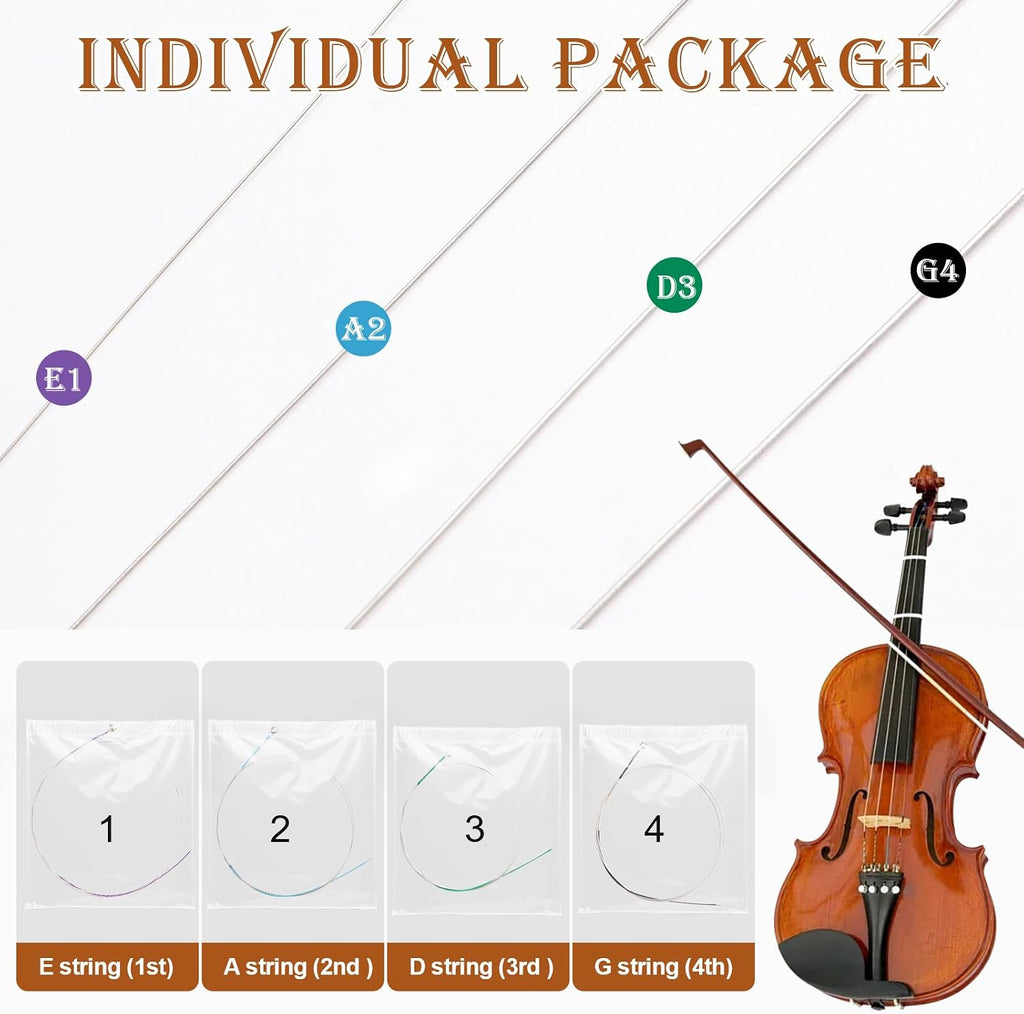 8 Pieces Violin Strings Full Set G-D-A-E, Replacement Strings for 4/4 3/4 1/2 1/4 Violins, Quality Steel Core for Student Beginner & Enthusiasts Playing