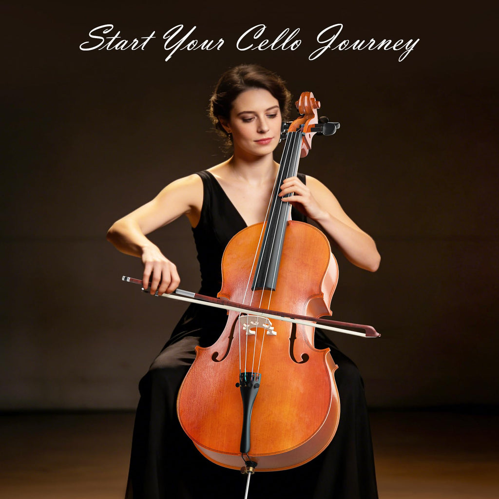 Cello 4/4 Kit, Full Size Cello for Adults, Students, Beginners, Complete Acoustic Cello Instrument Set with Portable Bag, Bow, Rosin, Black