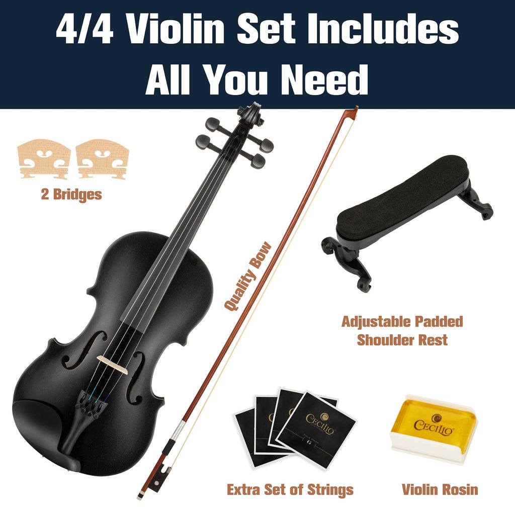 Mendini by Cecilio Violin 4/4 Full Size Kit For Beginners - Hand Carved Acoustic Violins Set - Fiddle Solid Wood Kit with Hard Case, Bow, Rosin, Shoulder Rest, Bridge and Extra Strings (Black)