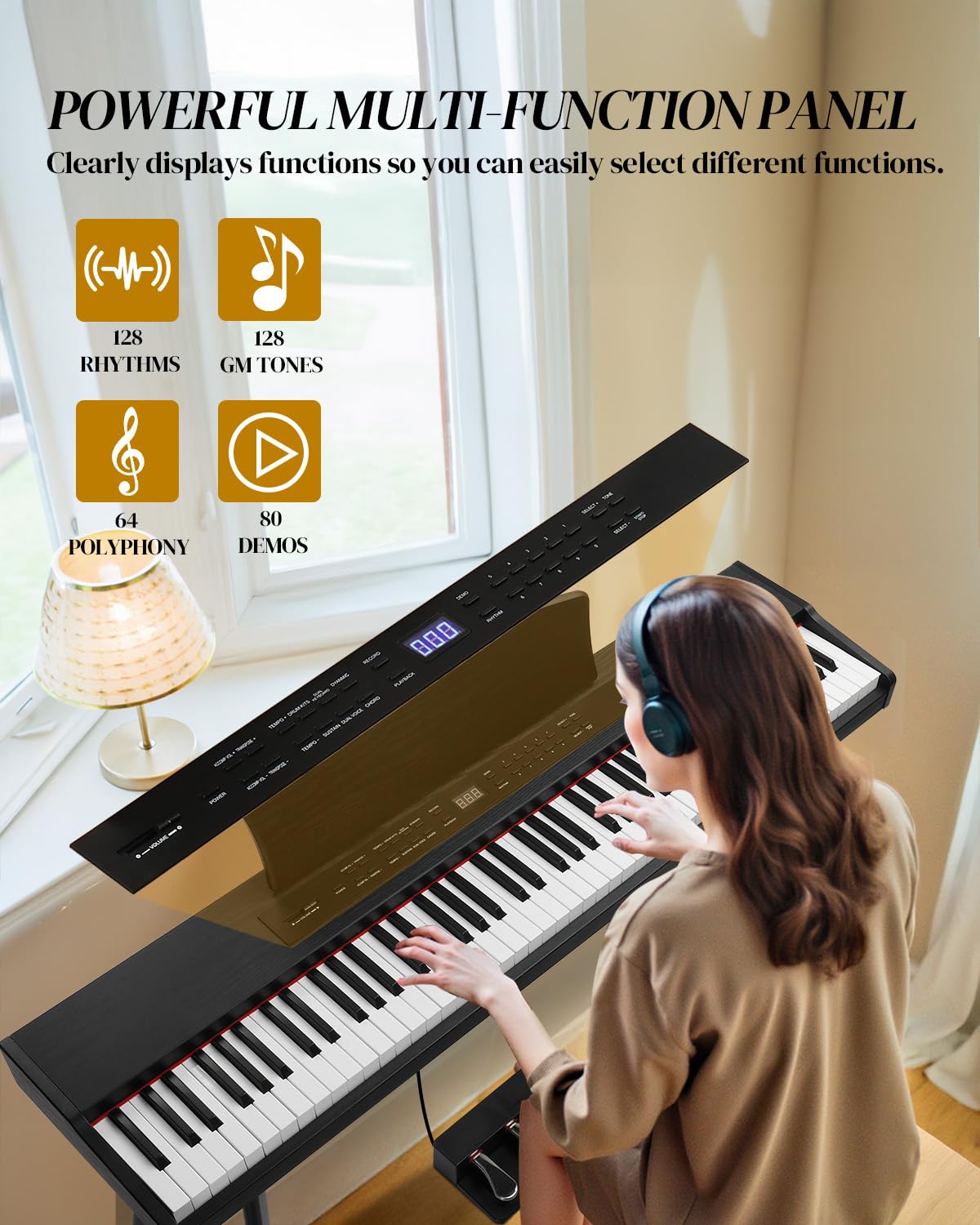 Ktaxon 88 Key Semi Weighted Keyboard with 64 Polyphony, 128 Rhythms, 128 GM Tones & 3 Pedal Unit, Piano Keyboard with Adjustable Bench, Multi-External Interfaces, Bluetooth MIDI for Beginners(Natural)
