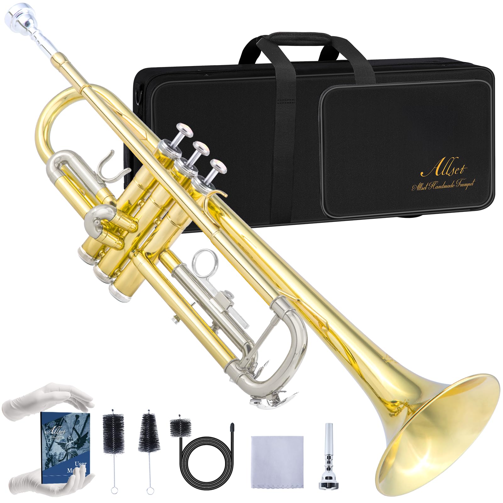 ALLSET Bb Standard Trumpet for Beginners | Student Band, Orchestra, Pro Level Performance | Professional Brass Trumpet Kit with Hard Case, 7C Mouthpiece& Cleaning Kit | Gold