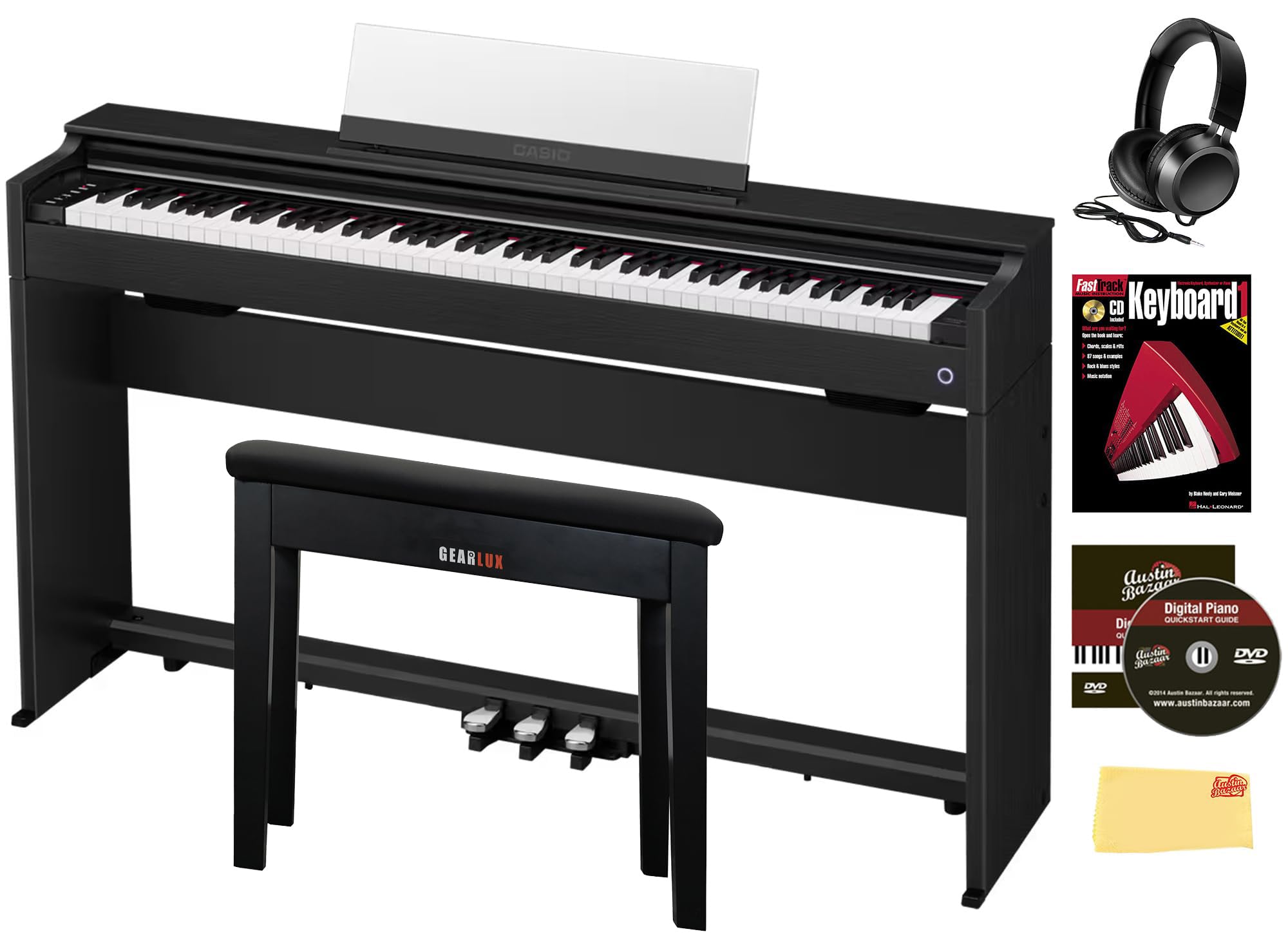Casio AP-S200 CELVIANO 88-Key Digital Piano - Black Bundle with Furniture Bench, Headphones, Instructional Book, Austin Bazaar Instructional DVD, and Polishing Cloth