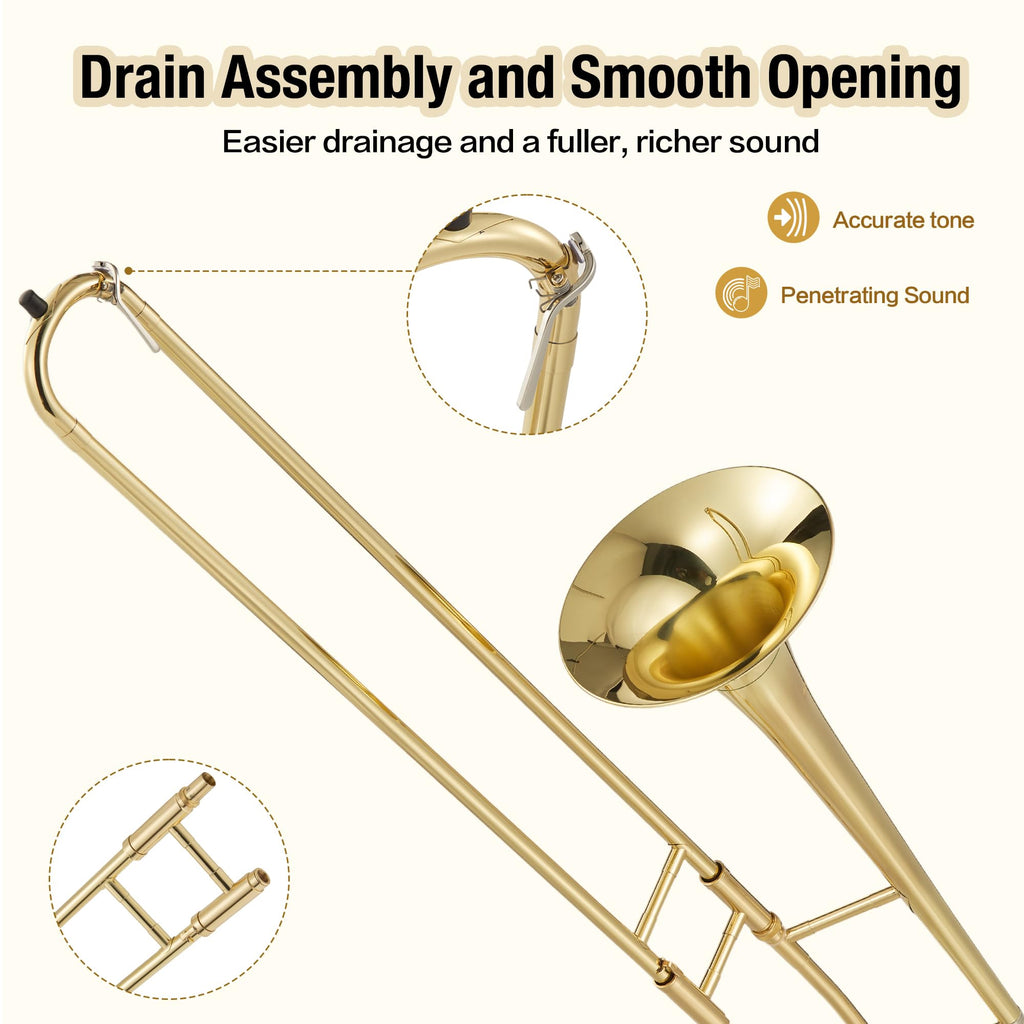 B Flat Alto Trombone, Brass Trombone with Gold Laquer, Includes Mouthpiece, Case, Cleaning Cloth, Gloves