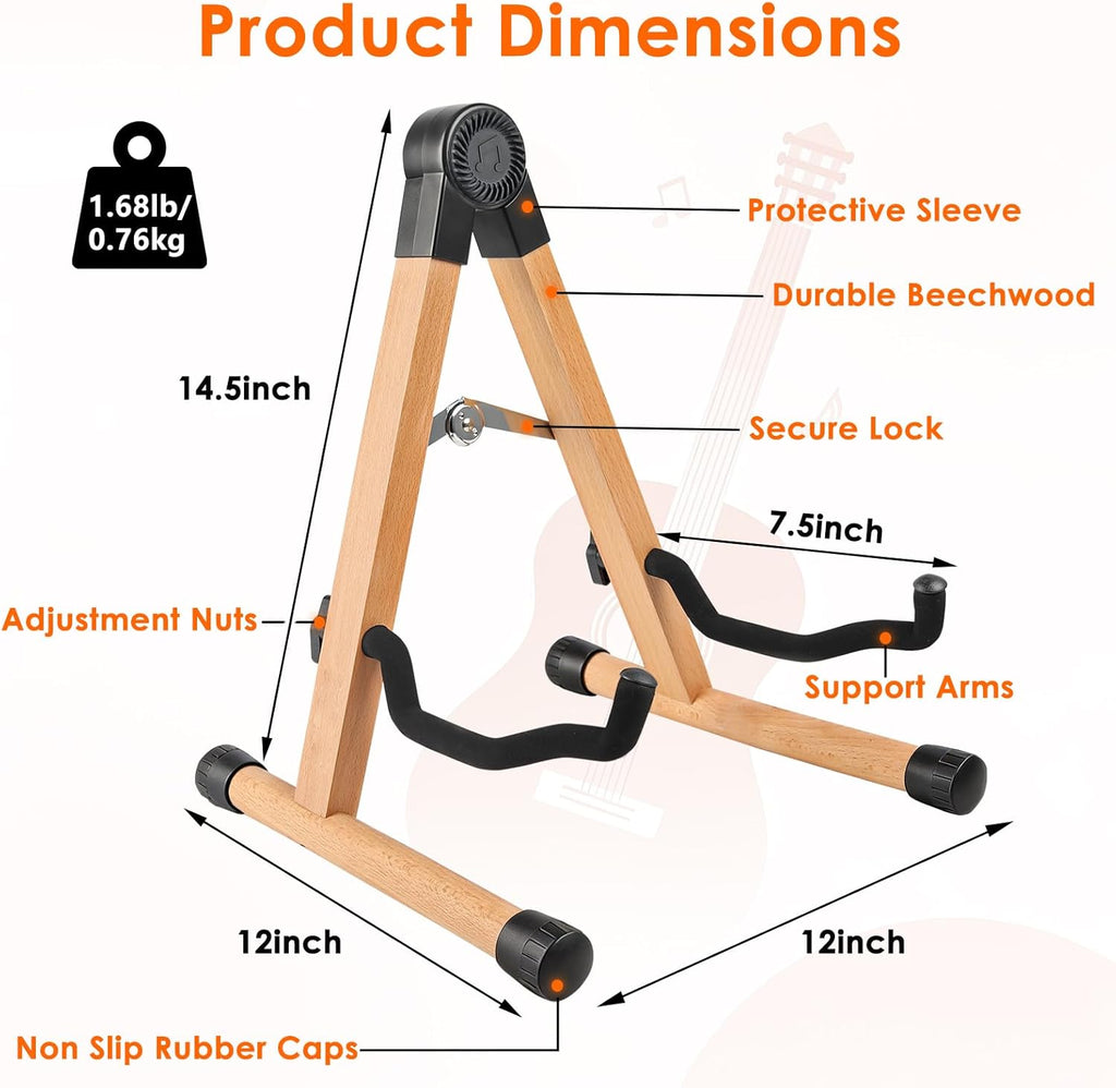 Wood Guitar Stand, A-Frame Folding Wooden Acoustic Electric Floor Guitar Stands with Padding, Stable Musical Instrument Foldable Support Holder, Universal for Ukulele, Bass, Cello, Violin, Banjo, Mandolin