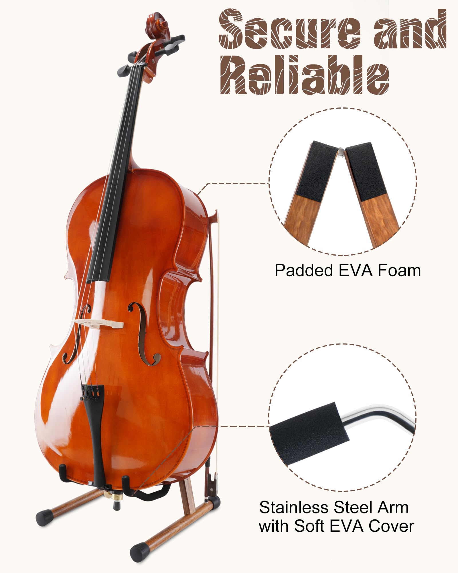 Cello Stand with Bow Holder, Mahogany Wooden A-Shape Floor Stand with Padded Foam, Handcrafted Cello Rack Fits 1/2, 3/4, 7/8, 4/4 Full-Size and Guitar, Instrument Holder for Home and Studio Display