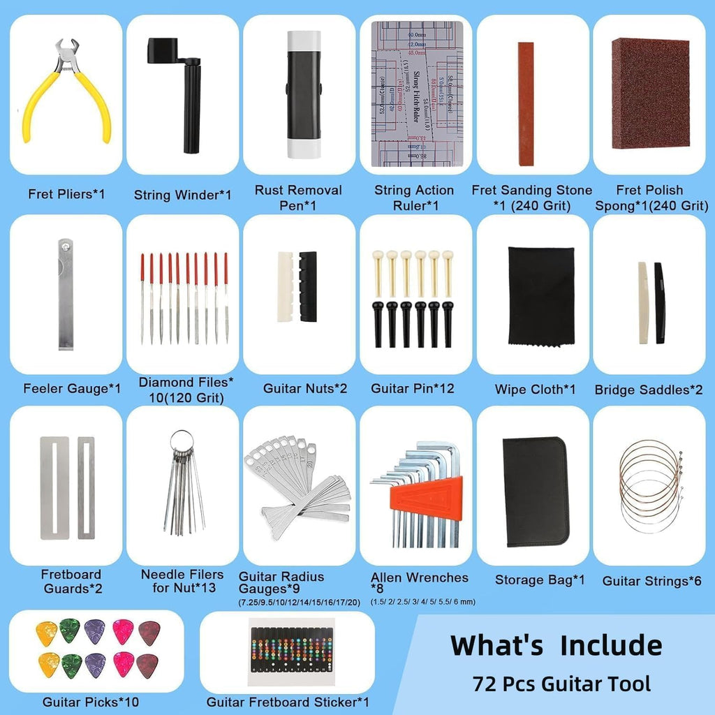 72PCS Guitar Tool Kit, Professional Guitar Maintenance Tool Kit for Guitar Ukulele Bass Banjo Luthier Tools Guitar Repair Tool Kit for Guitar Player or String Instrument Enthusiast Beginner