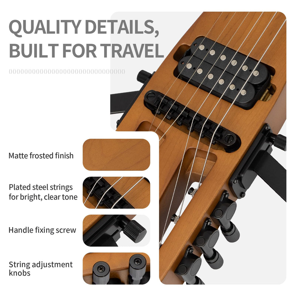 Anygig Travel Electric Guitar Headless – Portable Ultra-Light and Quiet, Full-Scale 25.5” Rosewood Fingerboard, Glow Humbucker, Gig Bag, Removable Stands for Left and Right Black