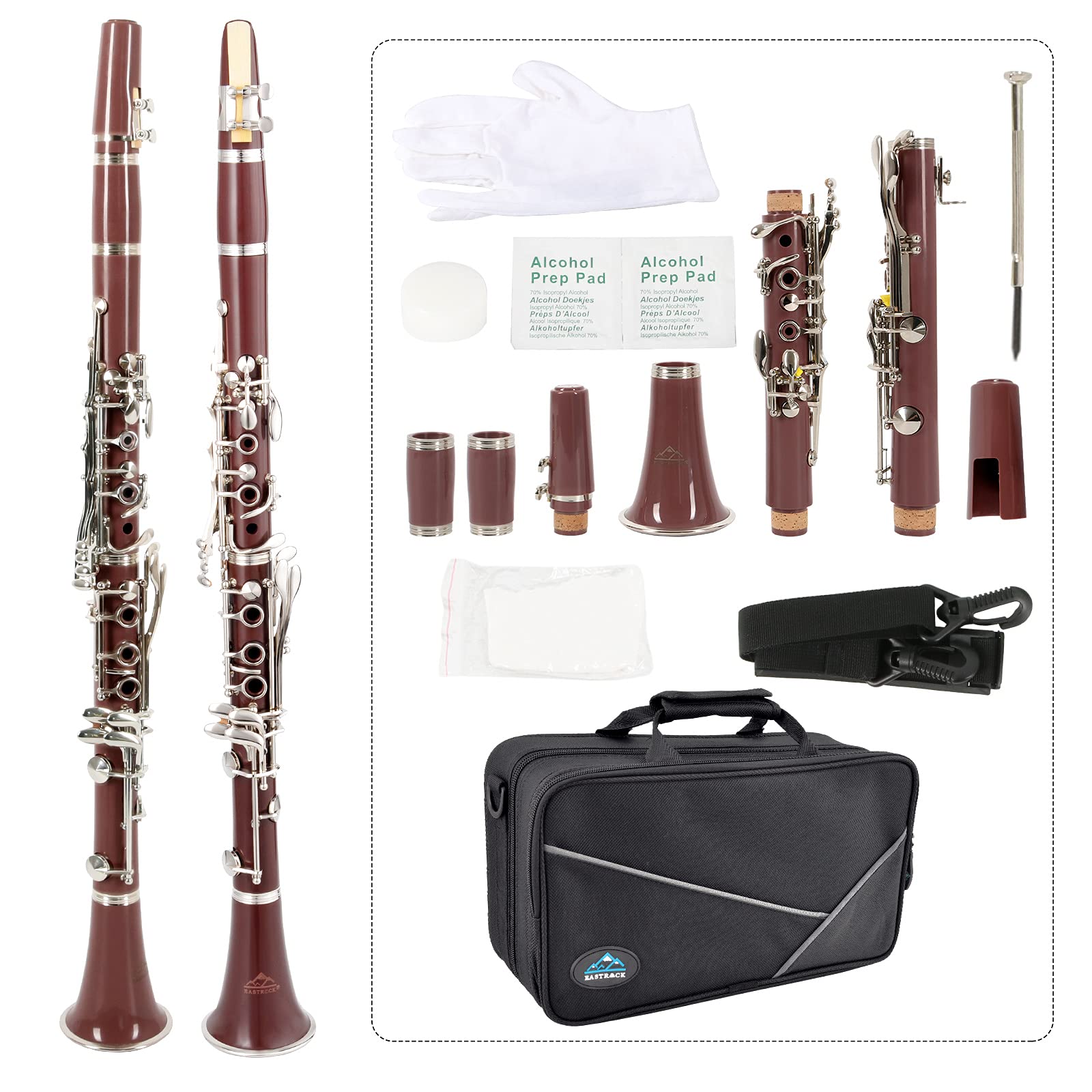 EASTROCK Bb Clarinet 17 Keys ABS Material Wide Range of Tones Particularly Beginner & Students-friendly with Using Tools and 2 Replaceable Barrels