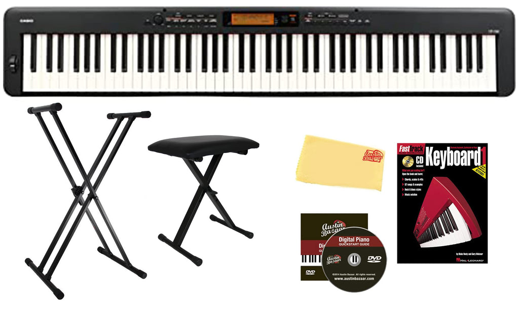 Casio CDP-S360 88-Key Compact Digital Piano - Black Bundle with CS-470P Stand, 3-Pedal System, Furniture Bench, Instructional Book, Online Lessons, Instructional DVD, and Austin Bazaar Polishing Cloth
