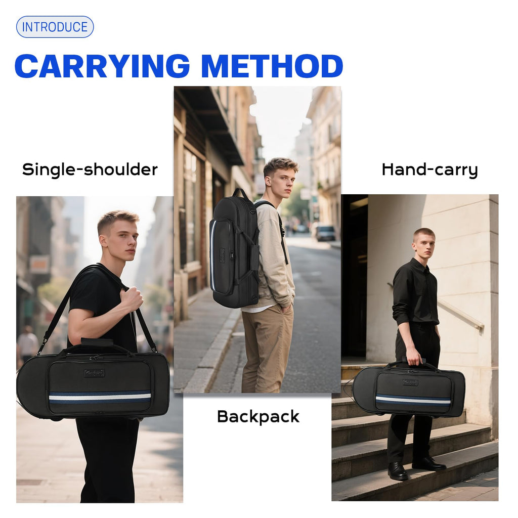 Lightweight Trumpet Case, Soft Gig Bag Backpack;(BGD-TRUMPET-CON) | Lightweight 600D nylon trumpet case with built-in backpack straps, EPS foam protection, velvet lining, storage pocket.