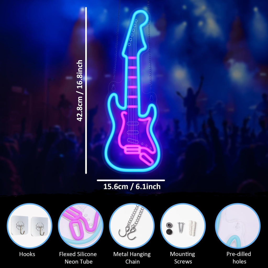 CoolGift Mart Acoustic Guitar Neon Light, Dimmable LED Guitar Neon Wall Sign USB Powered, Decorations for Bedroom Living Room Man Cave Music Studio, Gift for Guitar Players Guitarists Music Lovers