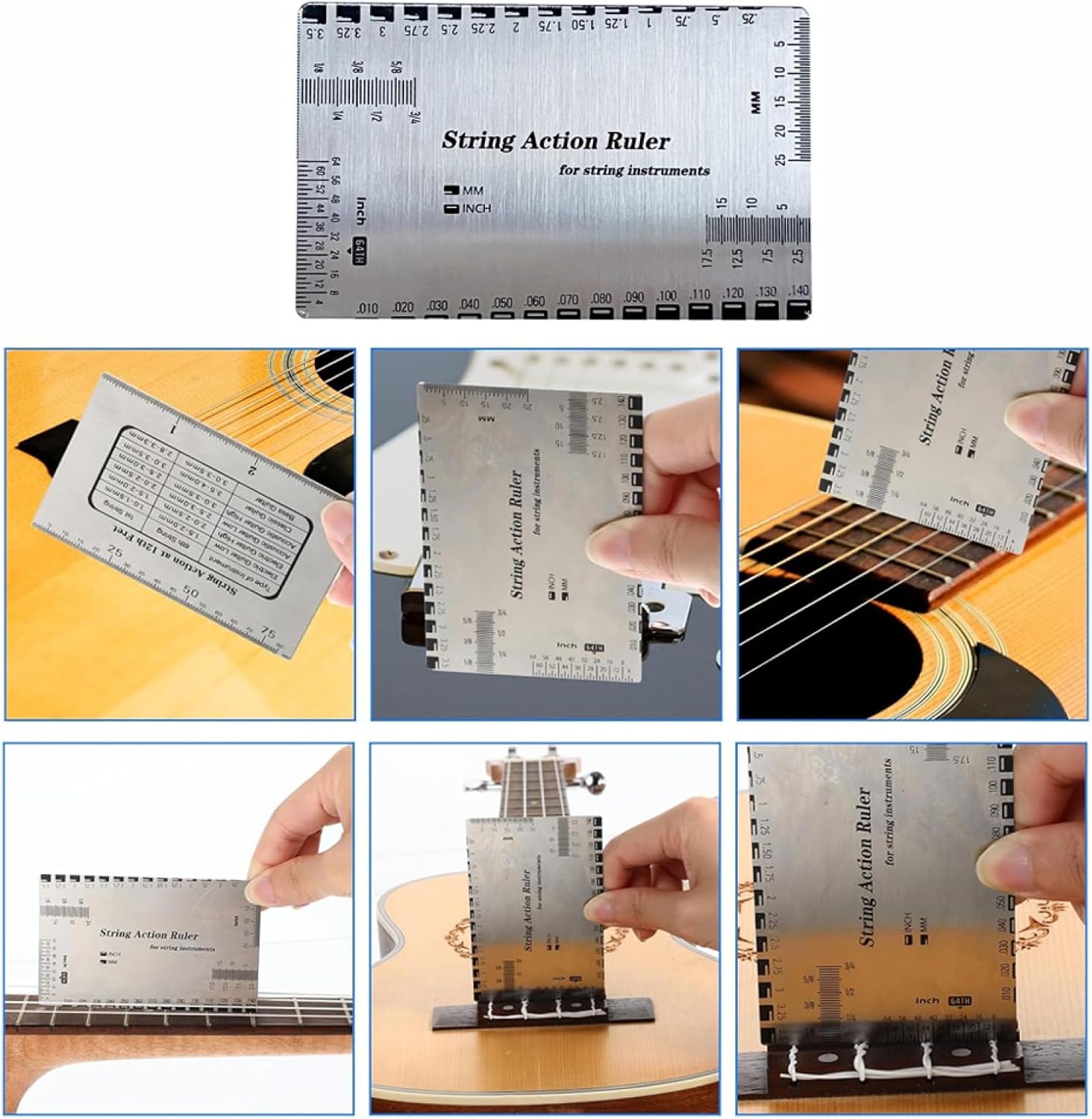 TopHomer String Action Gauge Ruler, Stainless Steel Guitar String Height Gauge with Inch & Metric Scales for Electric Acoustic Bass and Luthier Use