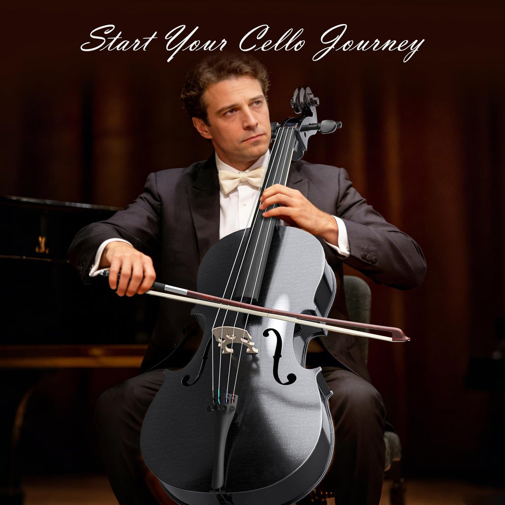 Cello 4/4 Kit, Full Size Cello for Adults, Students, Beginners, Complete Acoustic Cello Instrument Set with Portable Bag, Bow, Rosin, Black
