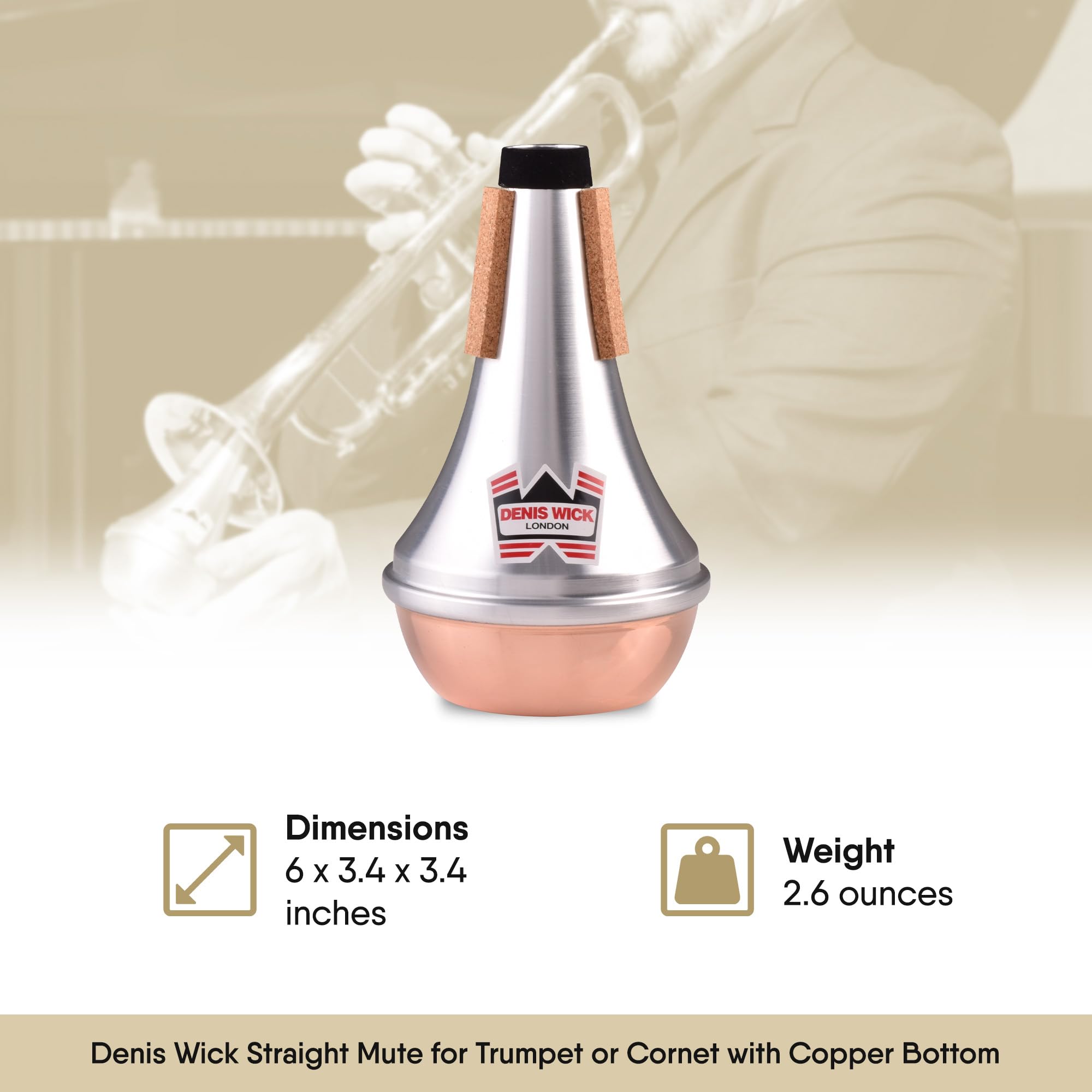 Denis Wick Straight Mute for Trumpet or Cornet, 5504 - Hand-Spun Aluminum Mute with Natural Cork - Brilliant Tone, Reliable Intonation & Tight-Bell Fit for Performance - 6.1 x 3.4 x 3.4 In, 2.26 oz