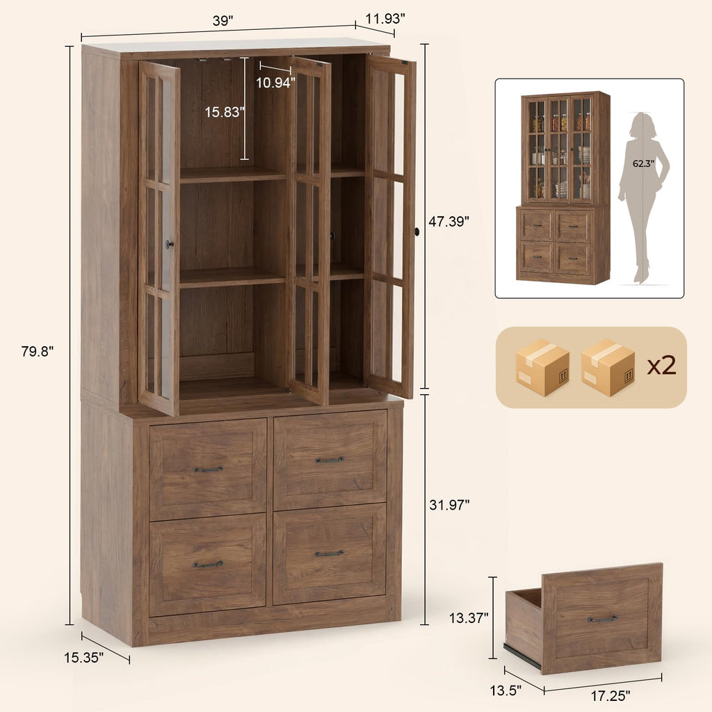 80" Tall Storage Cabinet with Glass Doors, 2-in-1 Modular Bookcase Cabinet, Freestanding Kitchen Pantry Storage Cabinet & Bookshelf for Living Room, Kitchen, Bathroom (4, Cracked Oak, AD)