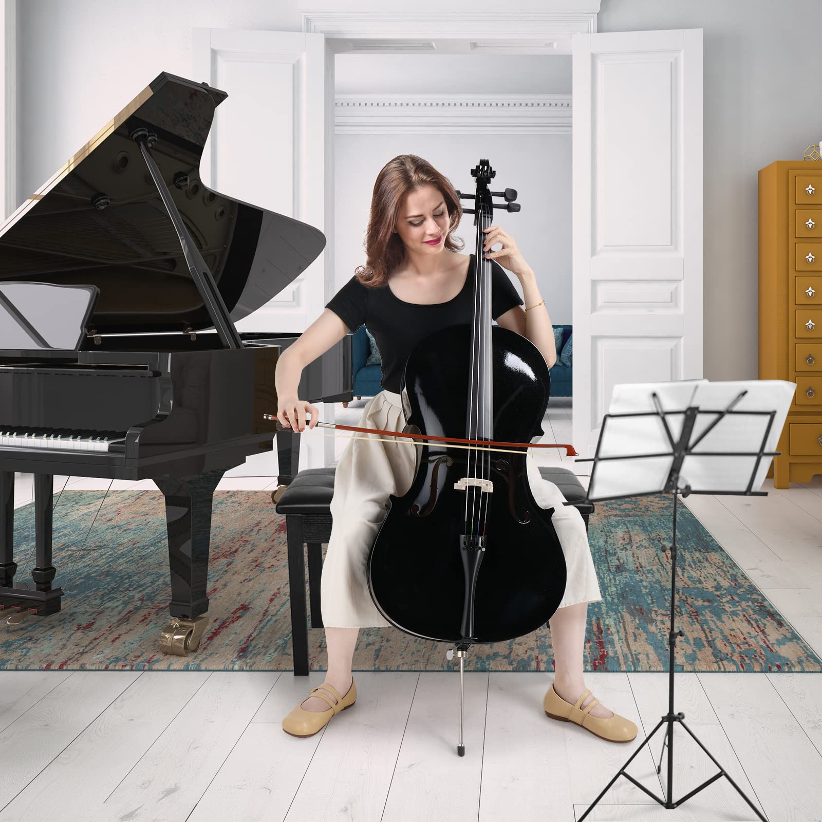 Ktaxon Full-Size Cello, Beginner Cello 4/4, Acoustic Cello Set with Portable Bag, Bow, Rosin, Bridge, Adults & Kids String Musical Instruments(White)