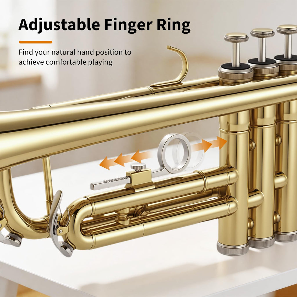 JAMELO Bb Standard Trumpet Set, Brass Trumpet Instrument for Student/Beginner with Carrying Case, 7C Mouthpiece, Cleaning Cloth and Gloves (TP-100, Gold)