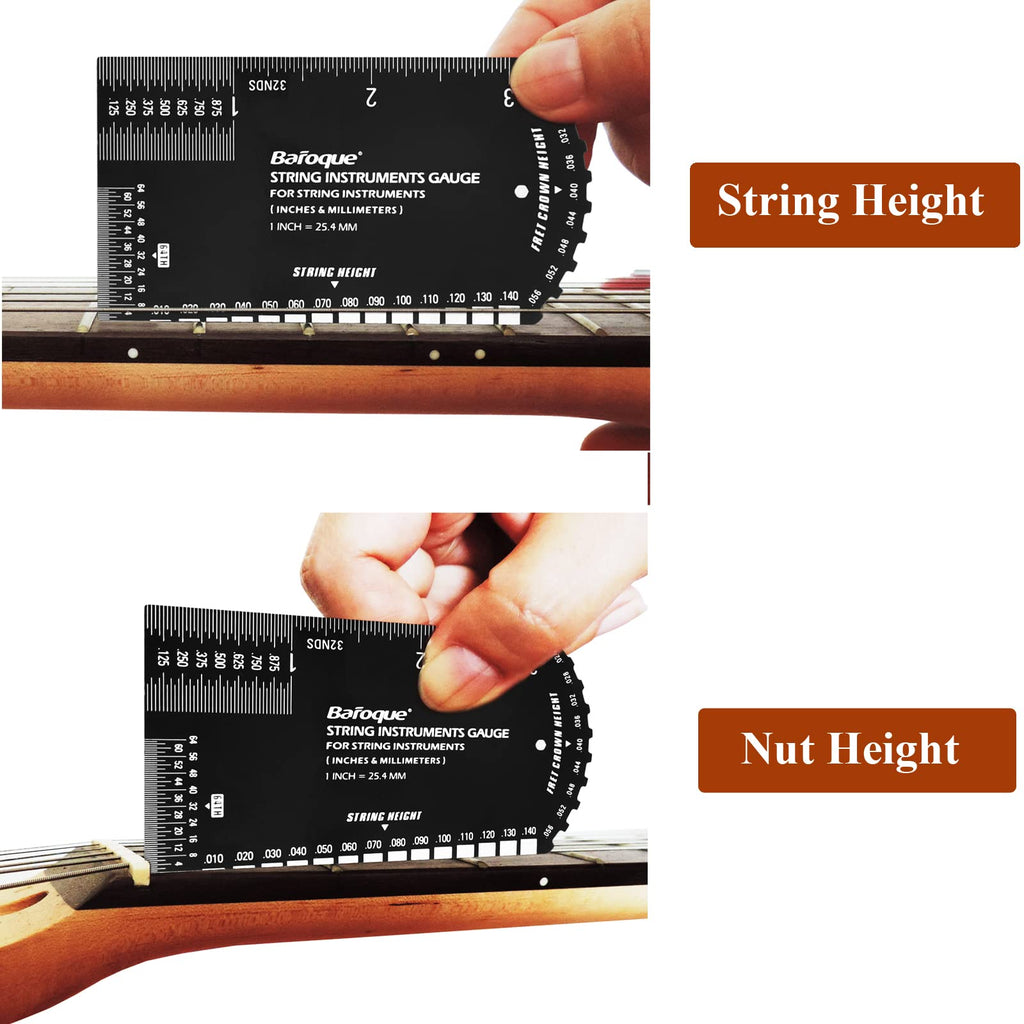 Baroque String Action Gauge Precision Guitar Ruler Multifunctional Guitar Setup Kits Tool Leather Case Polished Edge, Black