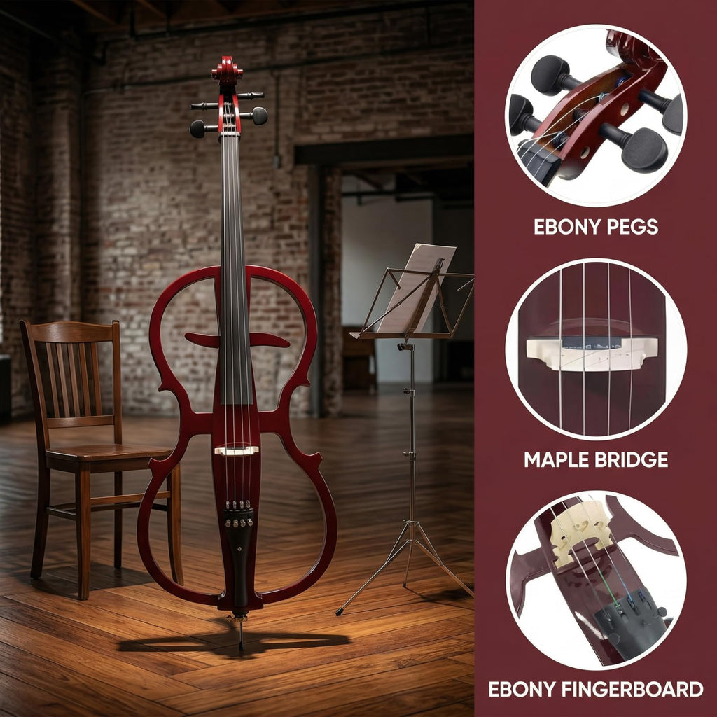 Electric Cello 4/4 Full Size Ebony Fittings with Lightweight Cello Bag, Headphones, Bow, Bridge, Rosin, Cello for Beginners Adults(Metallic Black) (Metallic Red Peach Heart -Cellos)