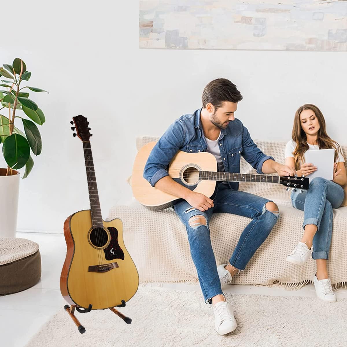 KingPoint Guitar Stand, Guitar Floor Stand, Acoustic Electric Wooden A Frame Folding Guitar Holder Adjustable for Bass, Cello, Mandolin, Banjo, Ukulele (Acacia)