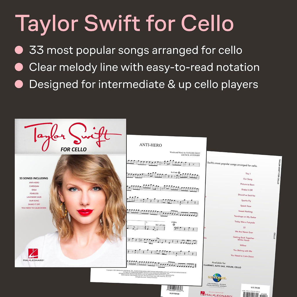 Taylor Swift for Cello | Sheet Music andInstrumental Songbook for Students | 33 Popular Hits Arranged for Cello | Pop and Country Practice Collection for Learning Performance and Recital Use