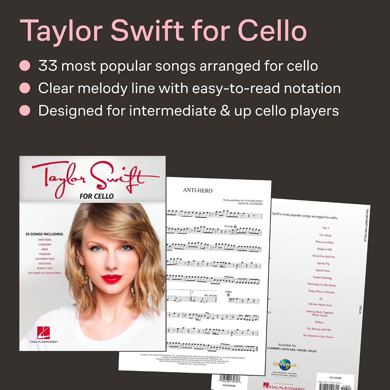 Taylor Swift for Cello | Sheet Music andInstrumental Songbook for Students | 33 Popular Hits Arranged for Cello | Pop and Country Practice Collection for Learning Performance and Recital Use