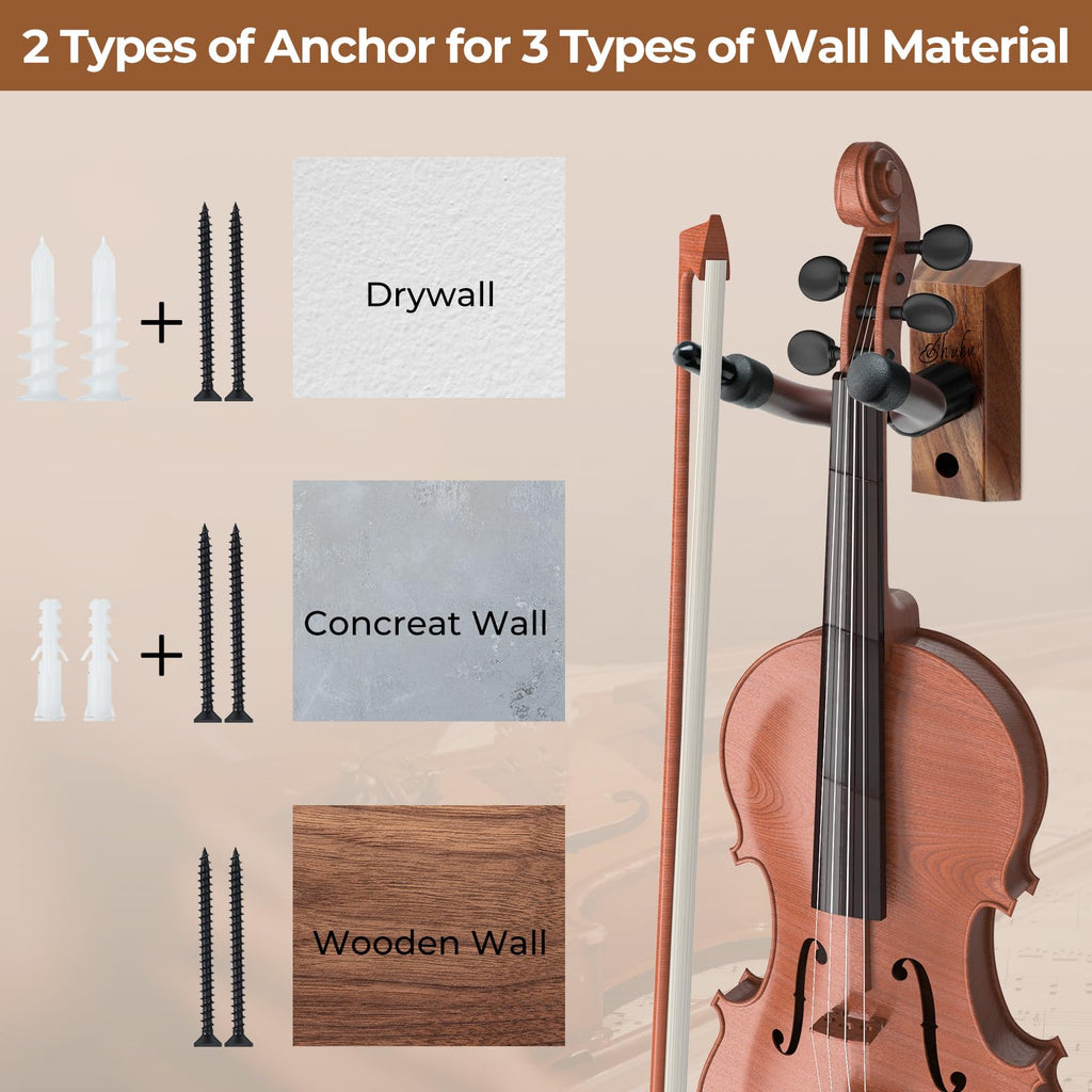Ohuhu Violin Wall Mount Hanger, Hardwood Violin Viola Hanger with Bow Holder and Soft Padding for Home Studio Decor