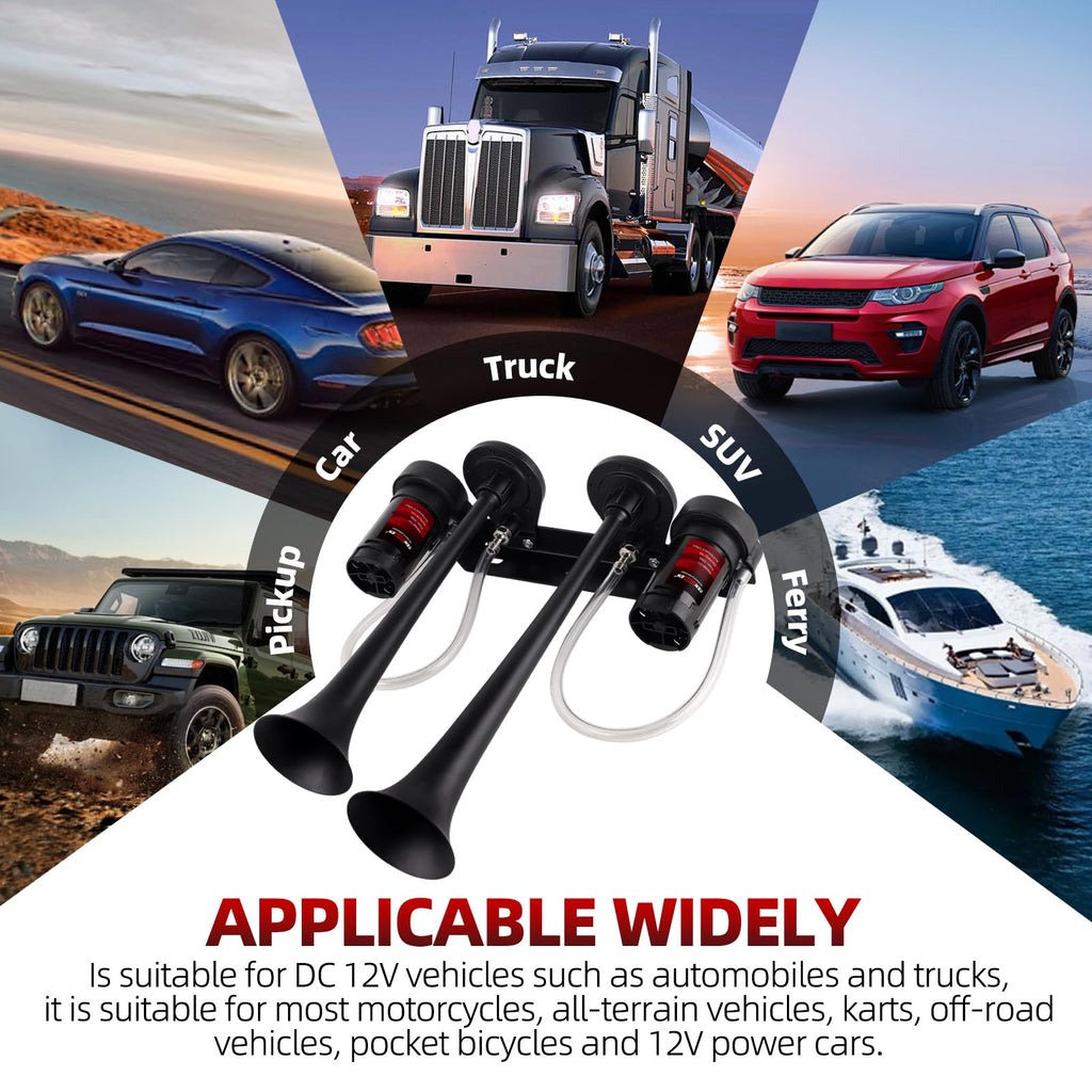 Dual 2-Trumpet Metal Air Horn for truck Kit with 2 air Compressors,12V 150dB Ultra Loud impact train car horn moto horn is suitable for pickup/SUV/Boat (Two-tube integrated)