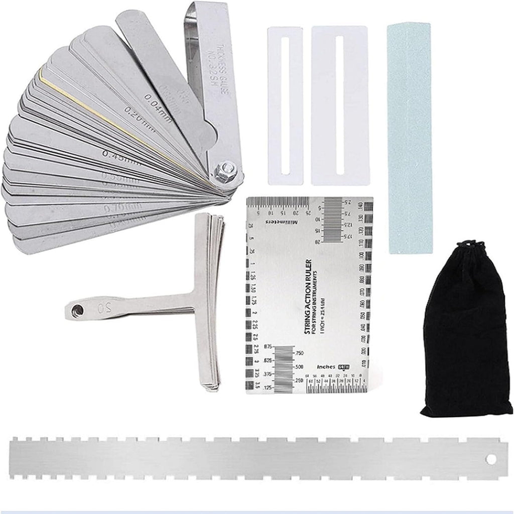 LiebeWH 17 Pcs Guitar Setup Kit Stainless Steel Luthier Tools with Pouch | Bass Guitar Maintenance, Neck Relief Gauge, String Action Ruler, Feeler Gauge, Fingerboard Guards, T Gauges, Polishing Stone