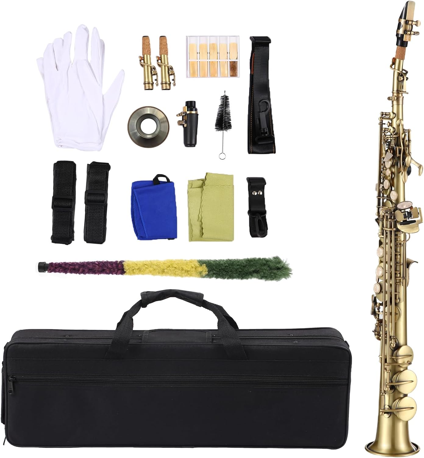 Straight Bb Soprano Saxophone Nickel Plated Sax straight saxophone Professional Brass Woodwind Instrument Carve Pattern with Carrying Case Mouthpiece Reed Cleaning