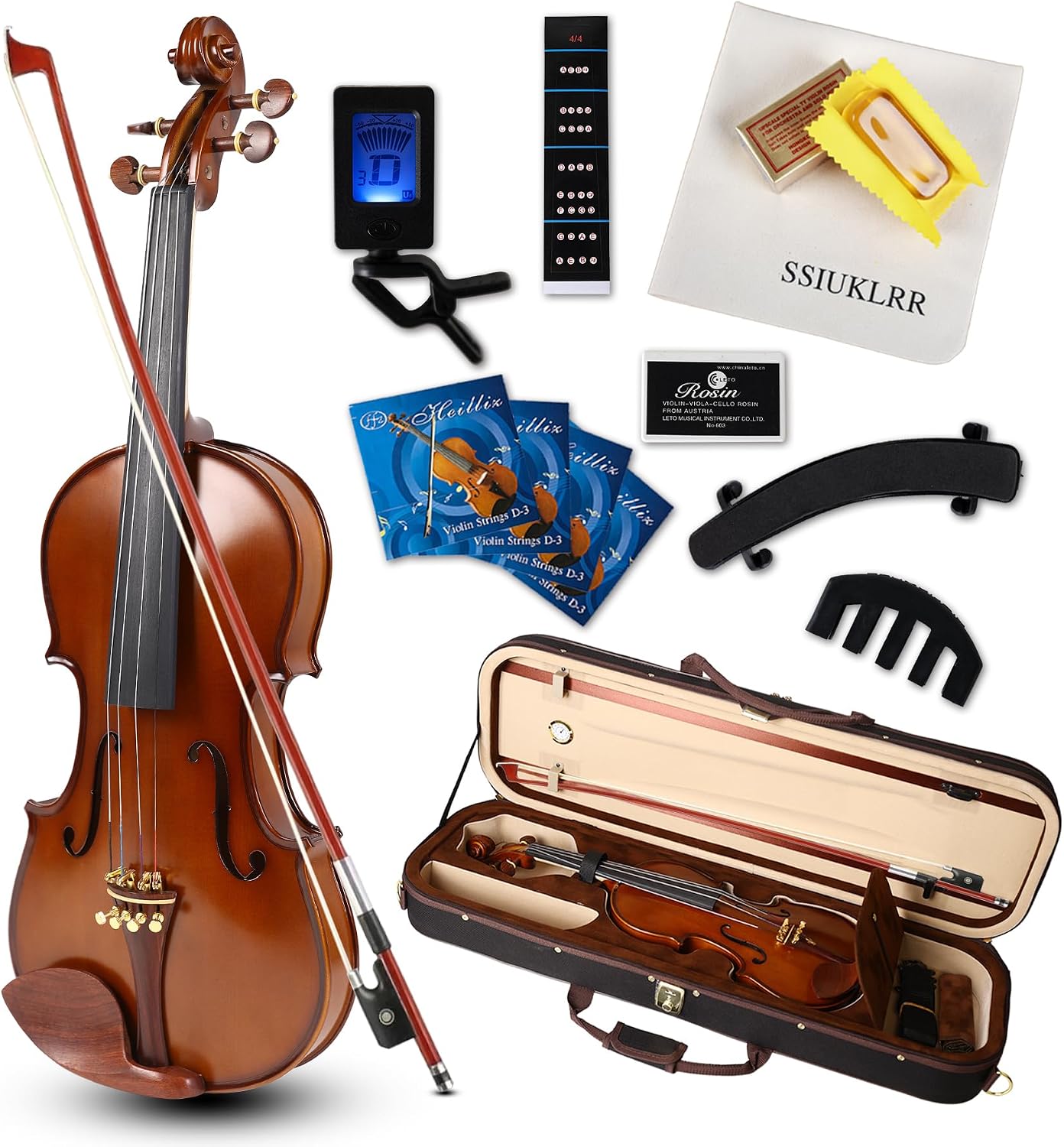 Violin 4/4 Full Size Complete Set for Adults Teenagers Students,Solid Maple Wood Violins with Rosewood Fittings,Case,Spare strings,Bow, Rosin, Shoulder Rest,Professional Violin for 11+years Gift
