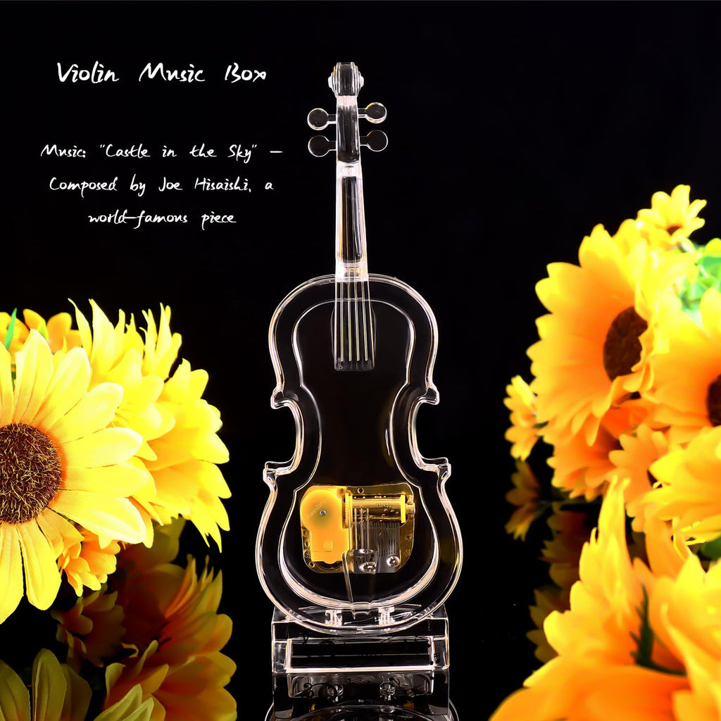 Large - Violin Music Box Mechanical Clockwork Crystal Violin High-End Acrylic Ornament Crystal Craft (Music: Castle in The Sky)