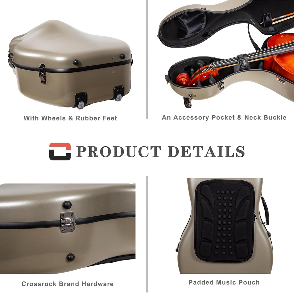 Crossrock Poly Carbon Cello Case for 4/4 Full Size | Champagne Matte Finish, Black Velvet Interior, Wheels, Music Pouch – Lightweight Protection Series