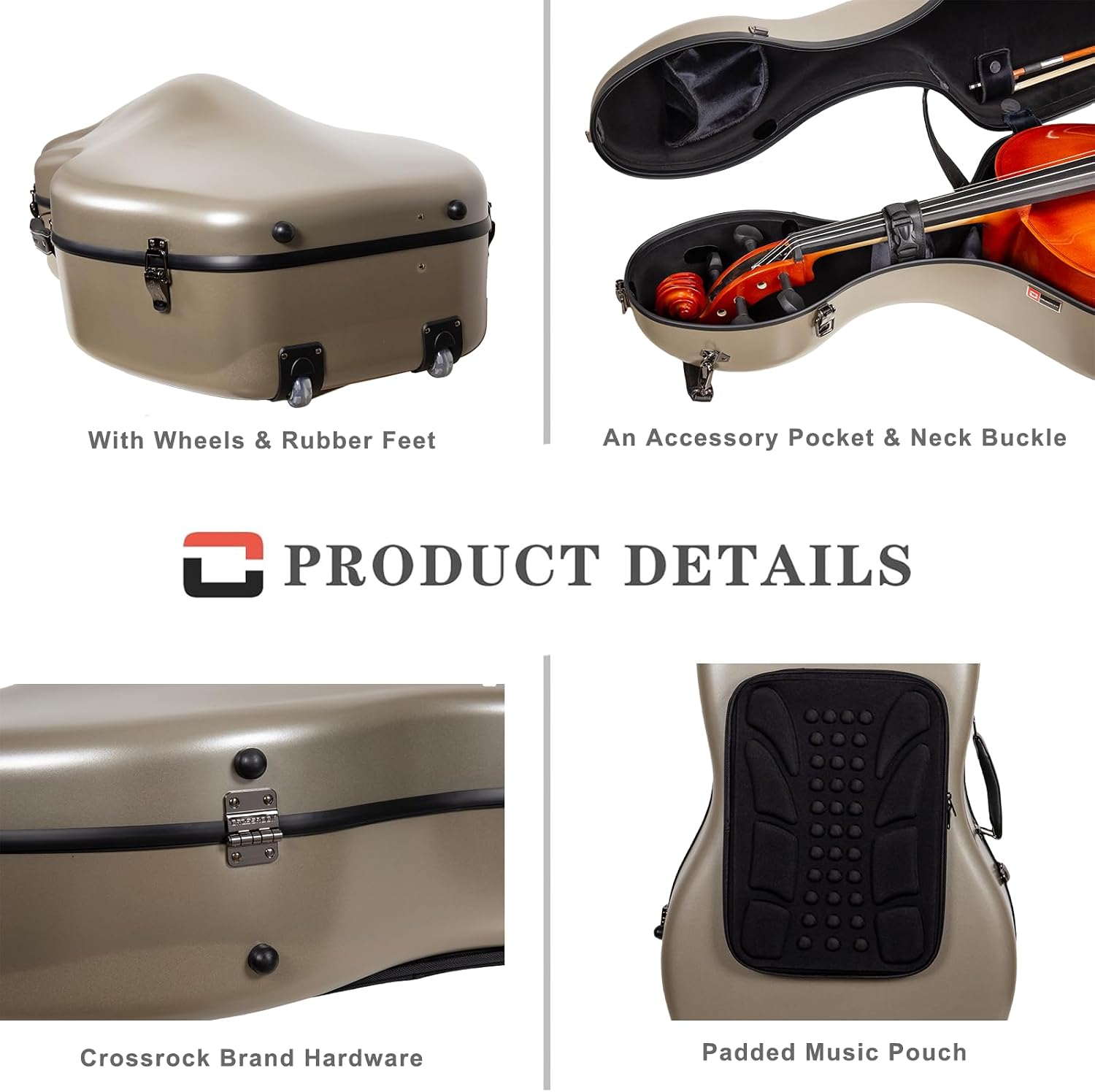 Crossrock Poly Carbon Cello Case for 4/4 Full Size | Champagne Matte Finish, Black Velvet Interior, Wheels, Music Pouch – Lightweight Protection Series