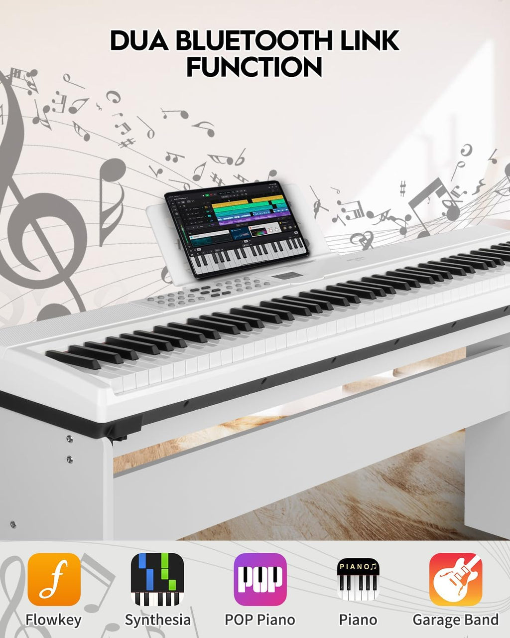STRICH 88 Keys Weighted Keyboard with Sustain Pedal, Hammer-Action Digital Piano, 2x15W Built-In Speakers, Full-size Electric Piano Keyboard Supports USB-MIDI/Wireless Connect, White, SDP-120