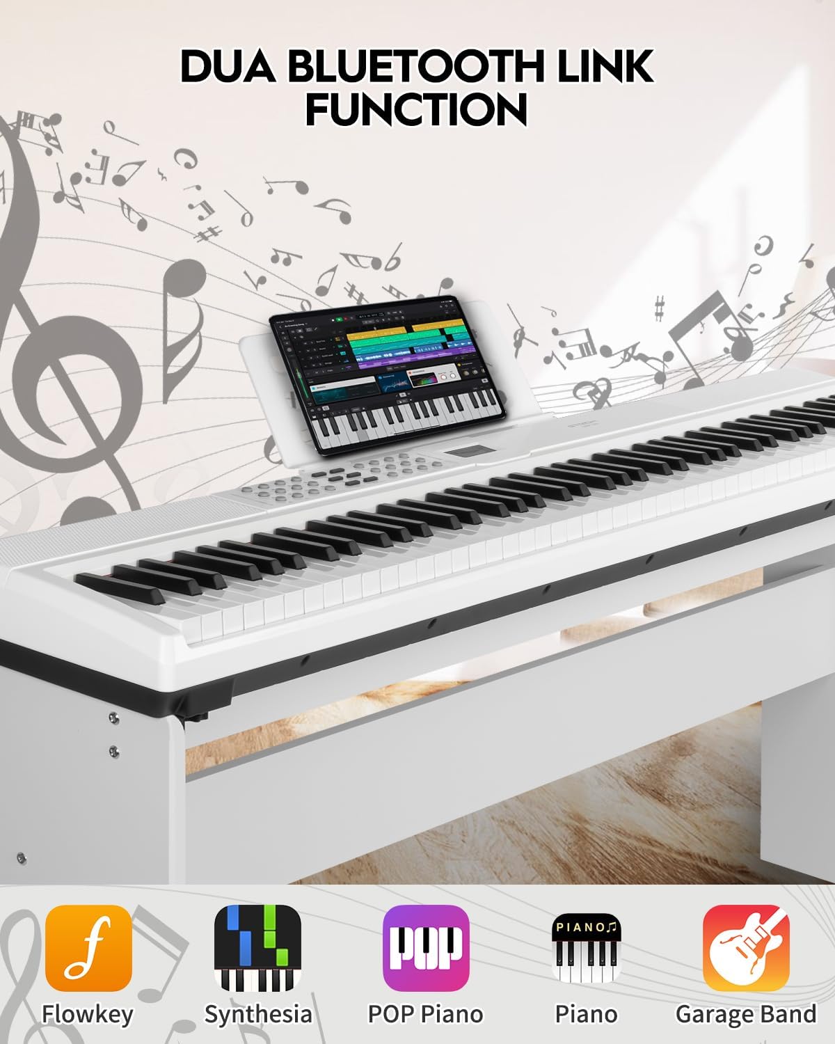 STRICH 88 Keys Weighted Keyboard with Sustain Pedal, Hammer-Action Digital Piano, 2x15W Built-In Speakers, Full-size Electric Piano Keyboard Supports USB-MIDI/Wireless Connect, White, SDP-120