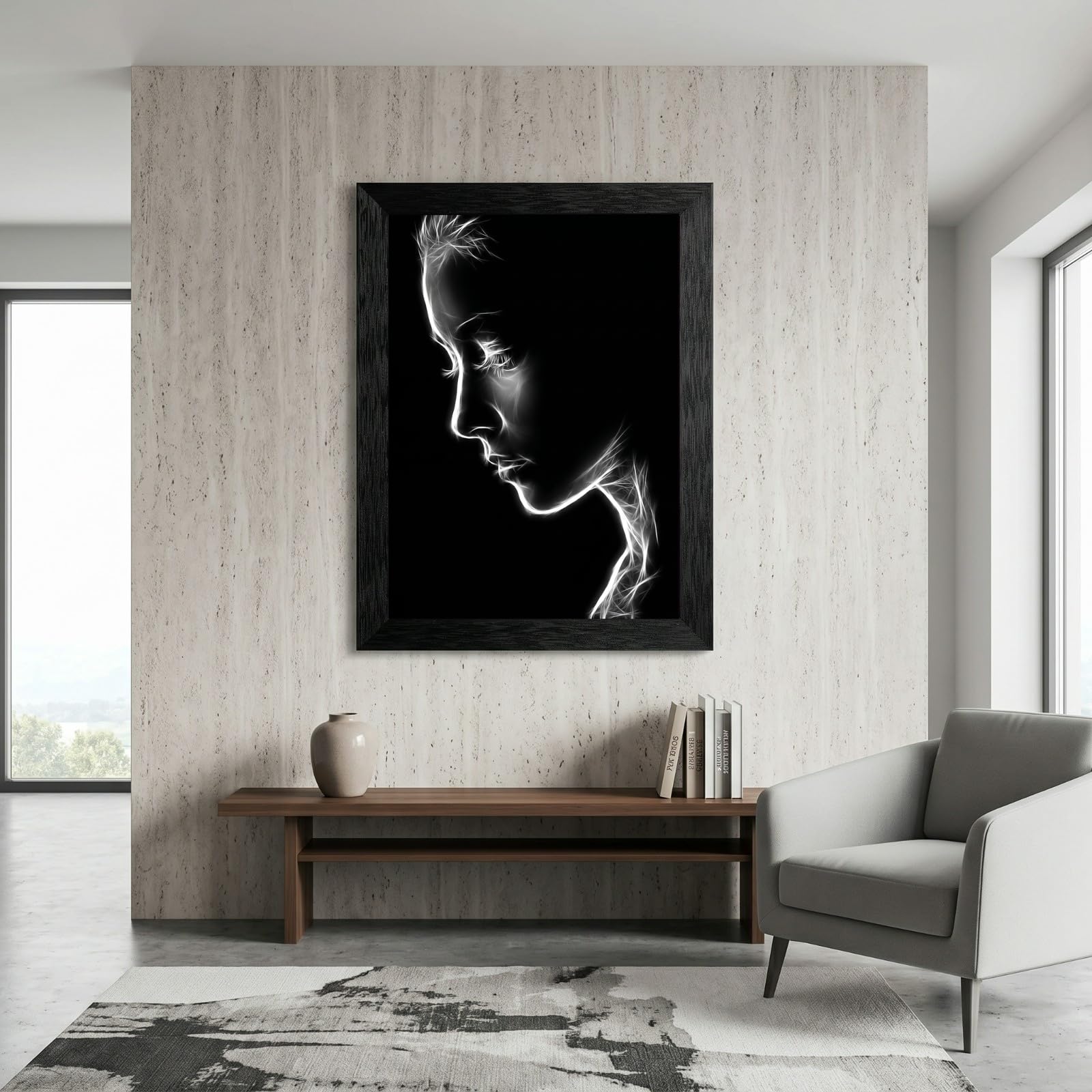 Framed Canvas Wall Art Minimalist Abstract Cello Musical Instrument Electric White Glowing Lines on Black Canvas Print Poster Black Frame Wall Decor for Music Room Studio Modern Art, Inch 24x36