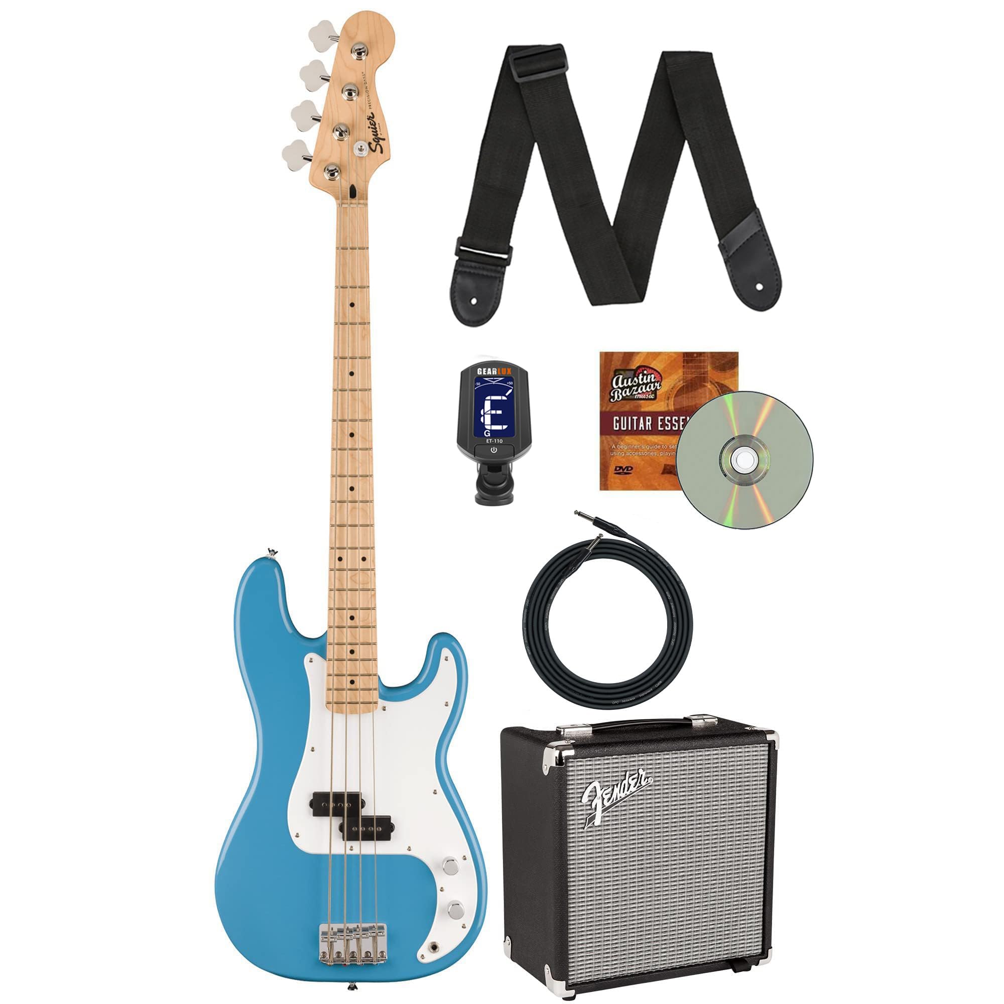 Fender Squier Sonic Precision Bass Guitar - California Blue Bundle with Amplifier, Cable, Tuner, Strap, and Austin Bazaar Instructional DVD