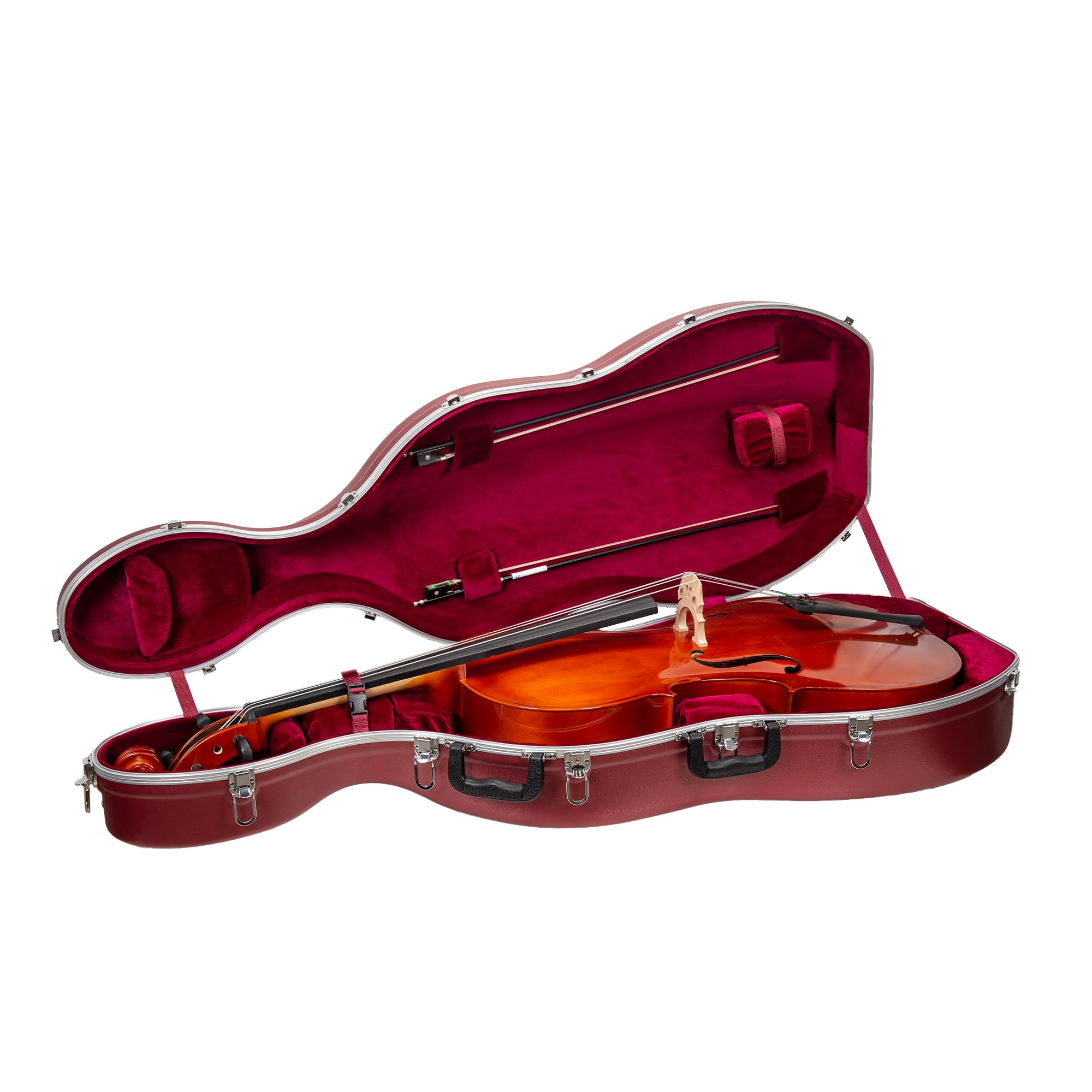 Crossrock ABS Cello Case for 4/4 & 3/4 Size | Wine Red Velvet Interior, Molded Hardshell with Wheels, Lock, Dual Bow Holders & Backpack Straps-Dark Red (CRA862CEFDR)